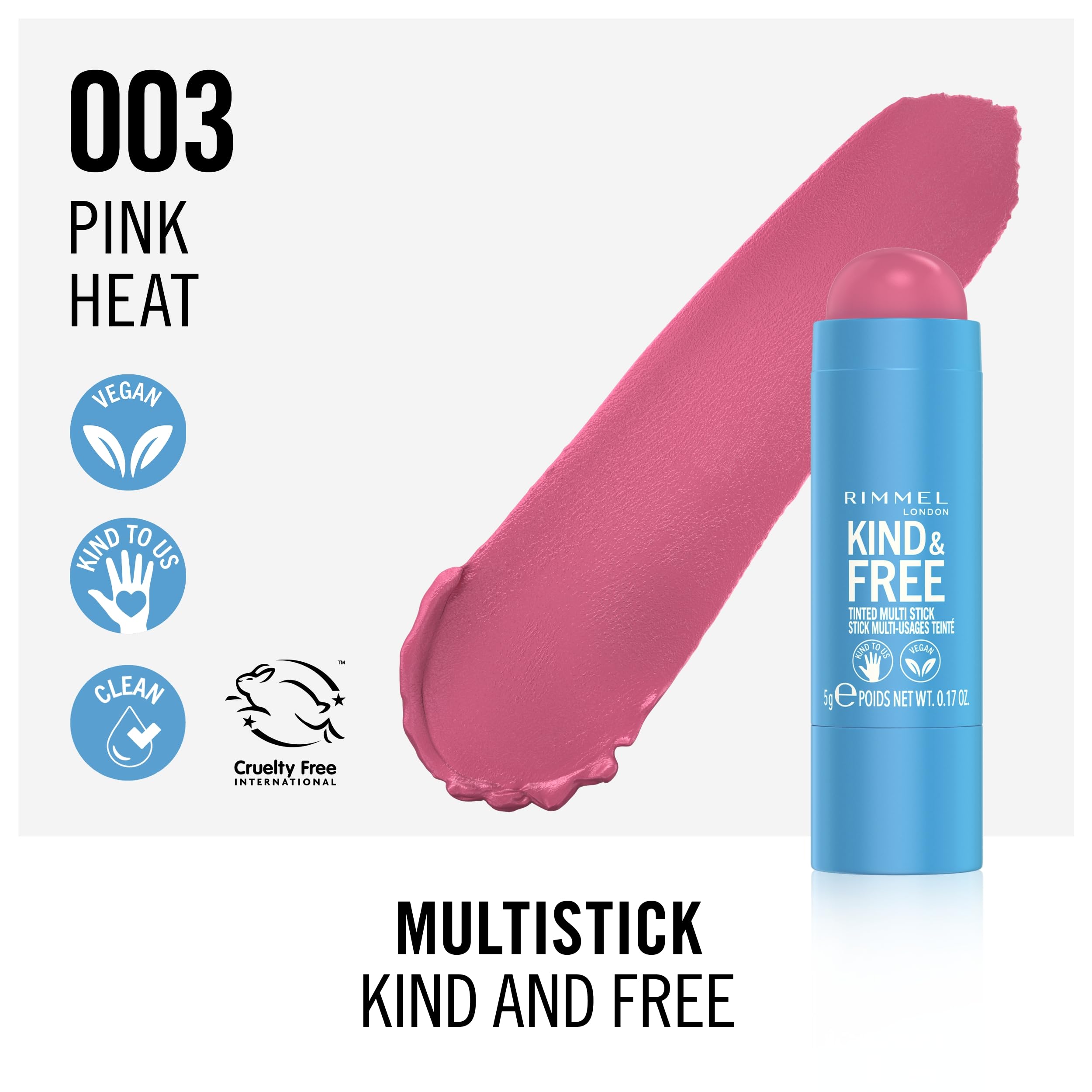 Rimmel London Kind & Free Multi-Stick in 003 Pink Heat - Vegan, Hydrating Cheek & Lip Stick with Buildable Color, Clean Formula (0.18oz) - Perfect for Natural Makeup Looks & On-The-Go Touch Ups