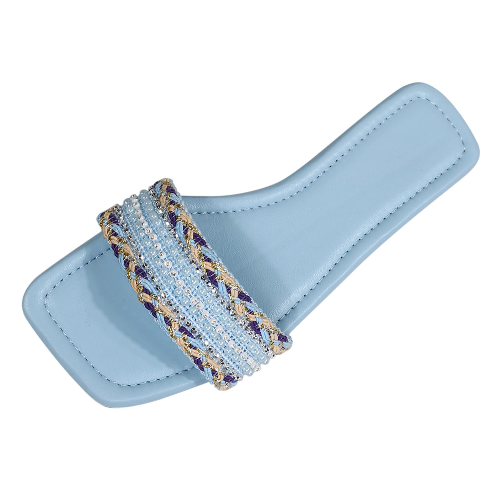 Women's Beaded Fringe Flat Slippers - Open Toe Summer Sandals for Beach & Home - Light Blue Size 9 - Comfortable Square Toe Fashion Slippers for Casual Wear, Lounging & Vacation