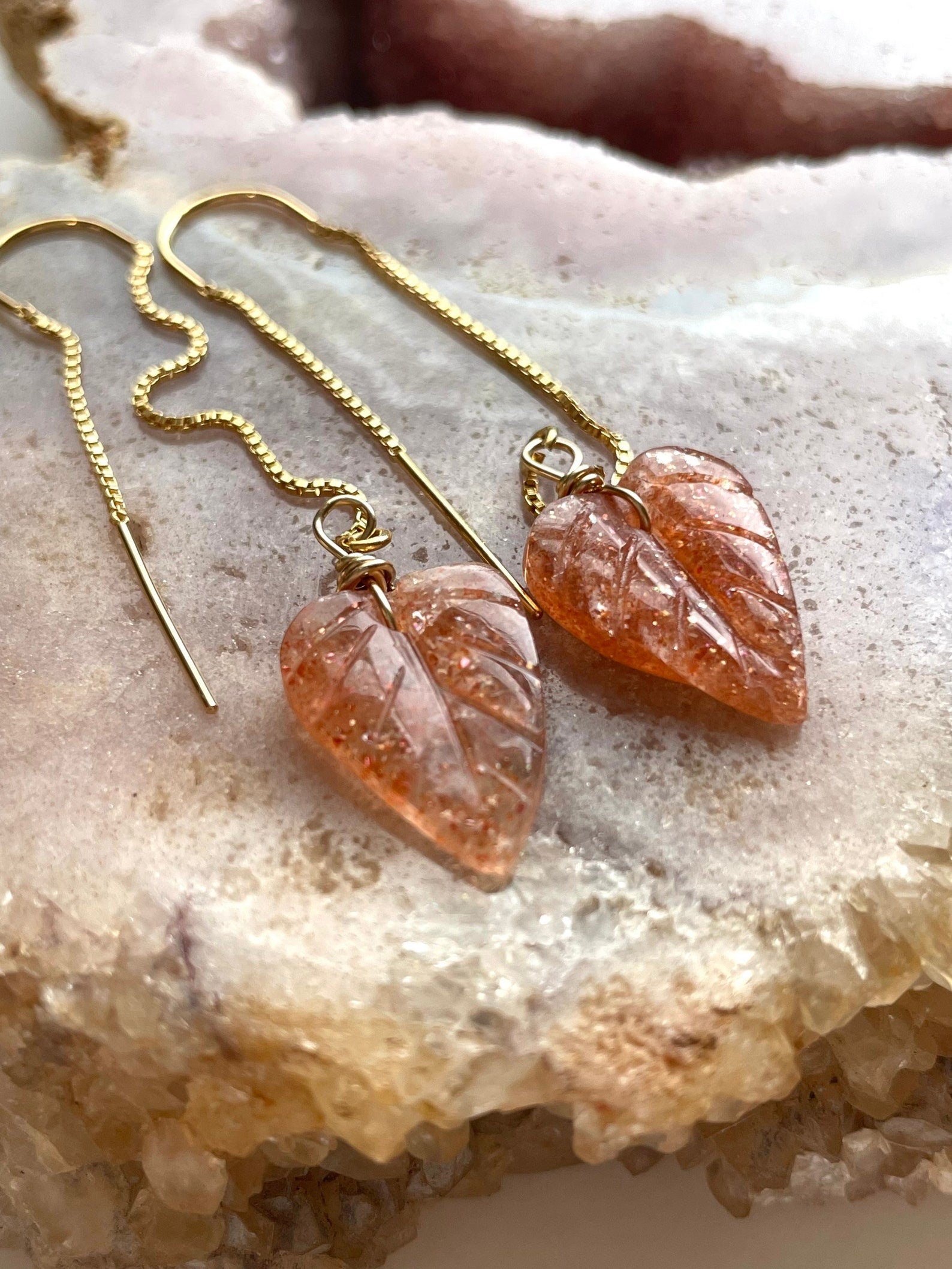 Orange Sunstone Gold Filled Statement Crystal Gemstone Threader Earrings for Women - Elegant Boho Chic Jewelry for Party, Wedding & Everyday Wear