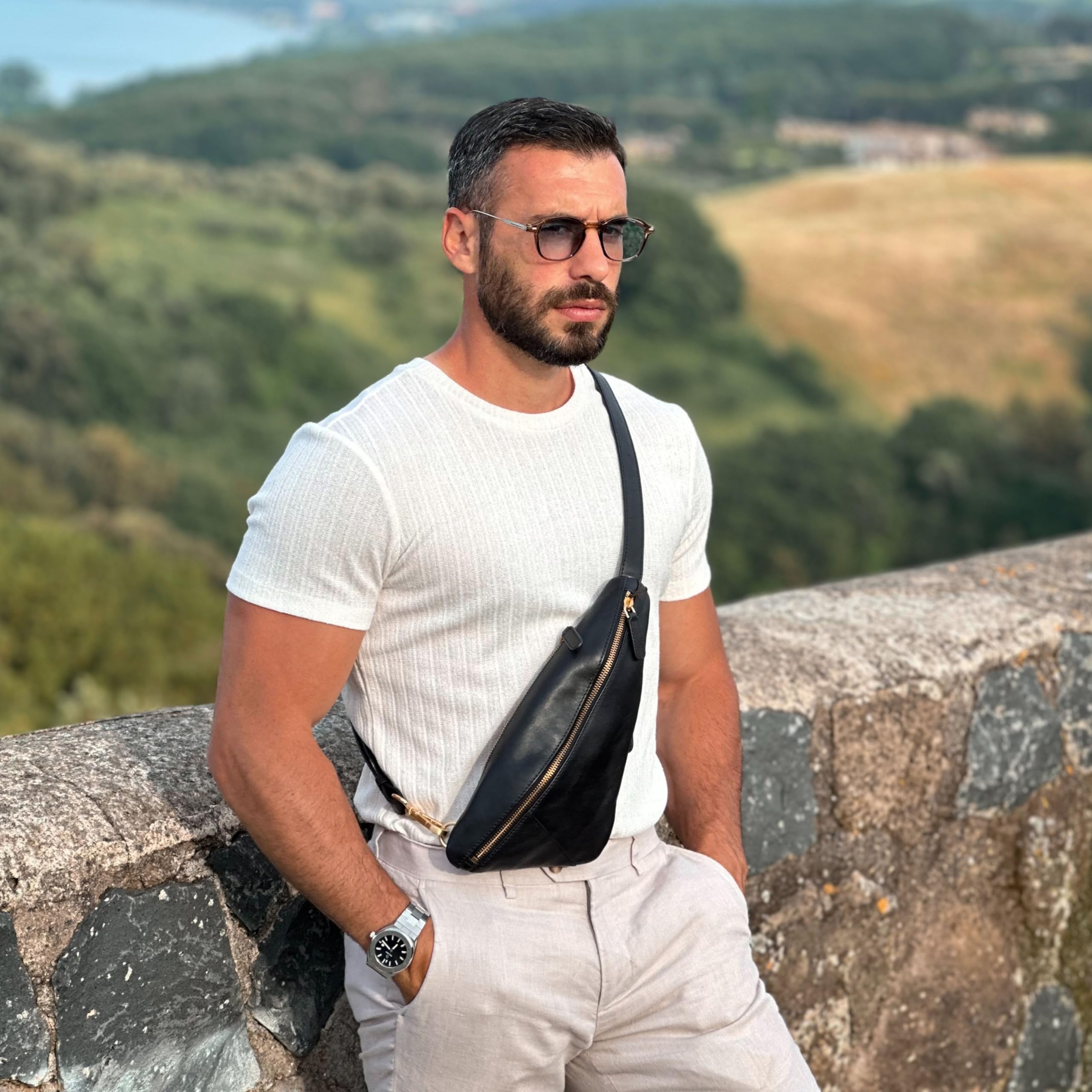 Premium Time-Resistant Leather Sling Bag - Genuine Full-Grain Leather Crossbody Chest Bag for Men & Women - Perfect for Travel, Hiking, and Everyday Carry