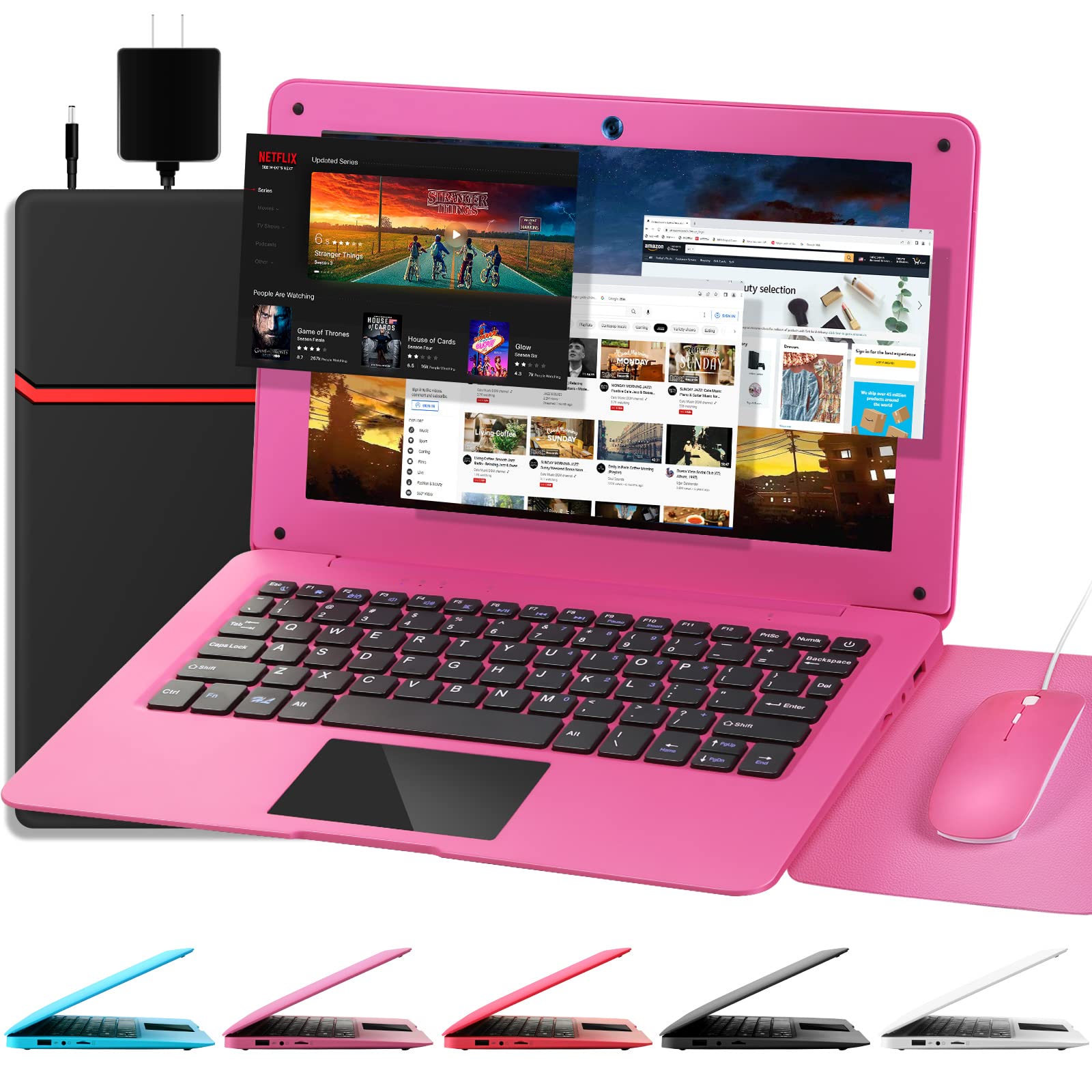 10.1 Inch Quad Core Android 12.0 Laptop with WiFi, Webcam & Bluetooth - Pink Mini Netbook for Kids & Adults, Includes Bag, Mouse & Mouse Pad, Perfect for Home, School & Travel