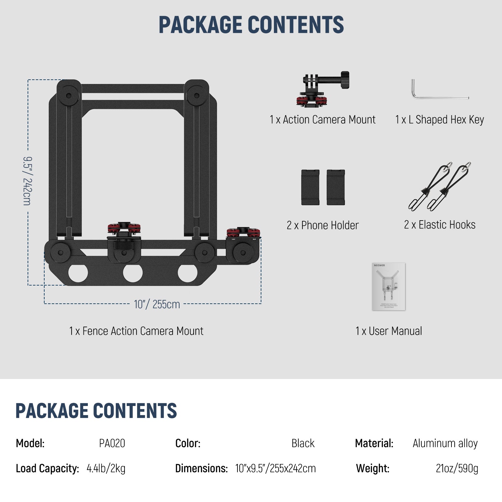 NEEWER PA022 Fence Mount for GoPro Hero 11/10/9/8/7, DJI Osmo Action - Durable Aluminum Alloy Camera Mount Bracket for Sports, Cycling, Skiing & Outdoor Adventures