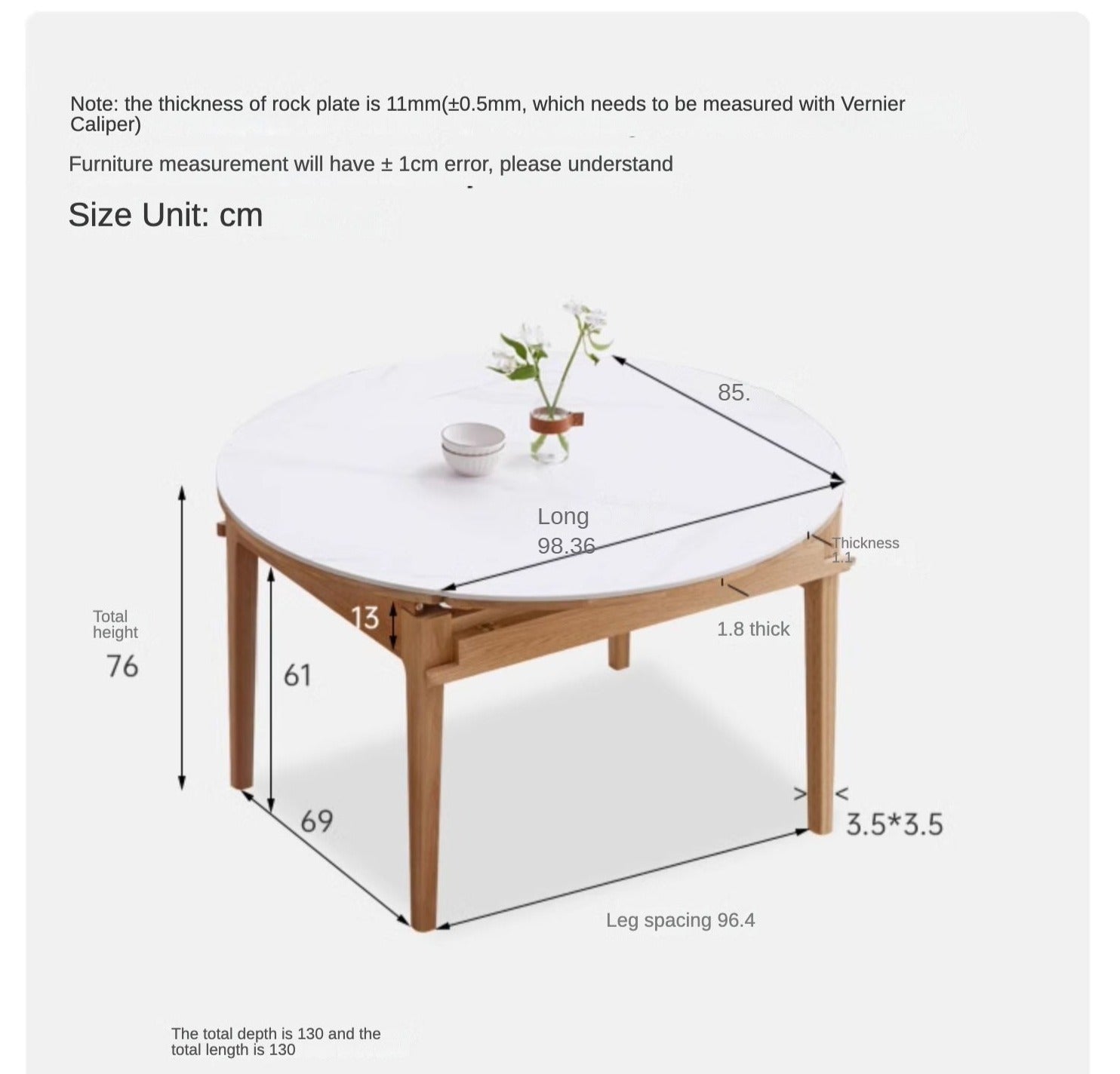 Solid Oak Round Folding Dining Table with Natural Stone Slab Top - Perfect for Small Spaces, Outdoor Dining & Home Decor