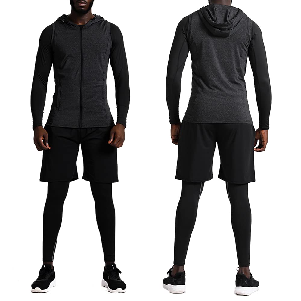 BUYJYA 5-Pack Men's Compression Workout Set - Long Sleeve Shirt & Pants Gym Clothing for Running, Training & Fitness - Moisture Wicking Athletic Outfit for Men