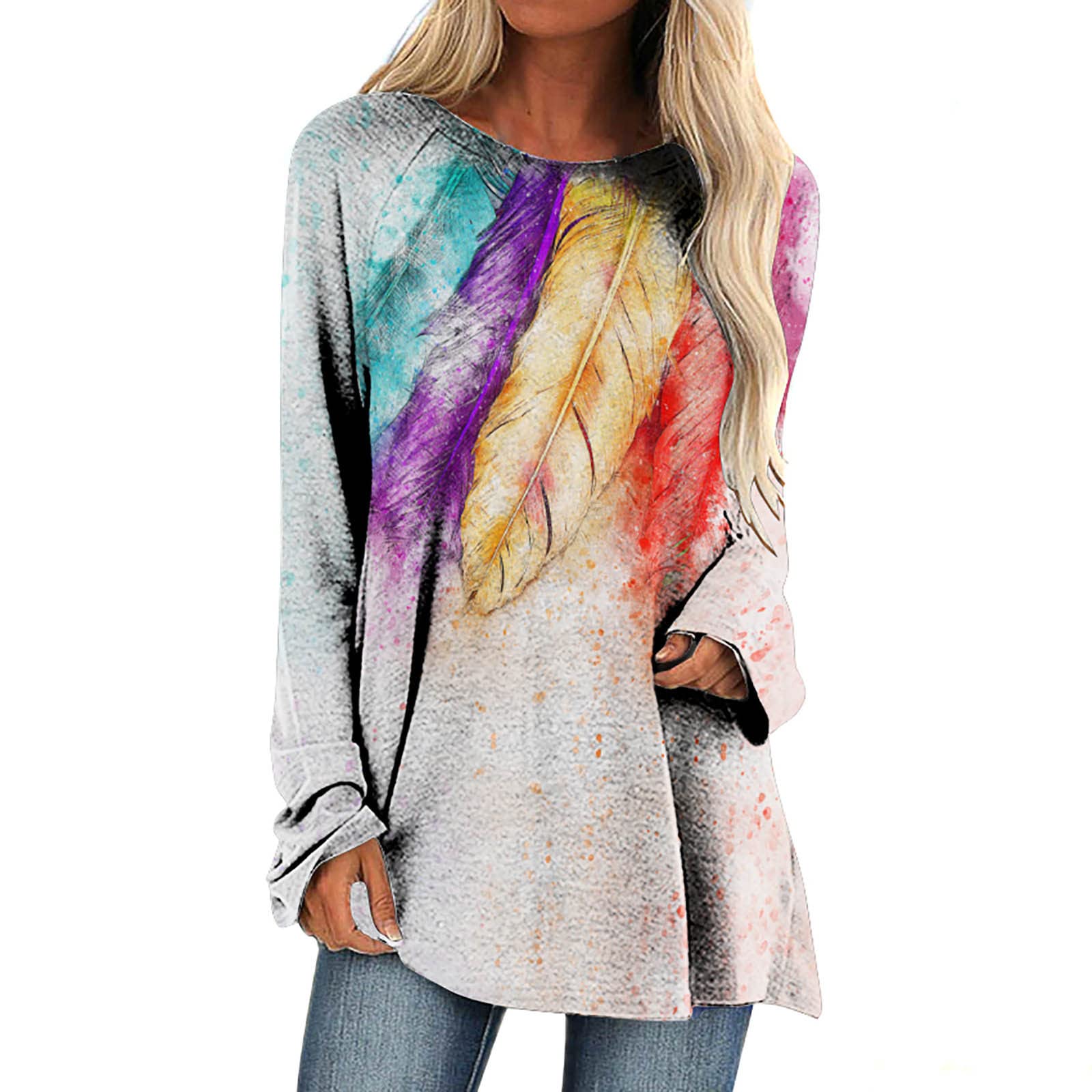 Women's Tie Dye Long Sleeve Round Neck Blouse - Casual Feather Print Pullover Top for Everyday Wear | Loose Fit Comfortable Shirt for Work, Outings & Active Lifestyle