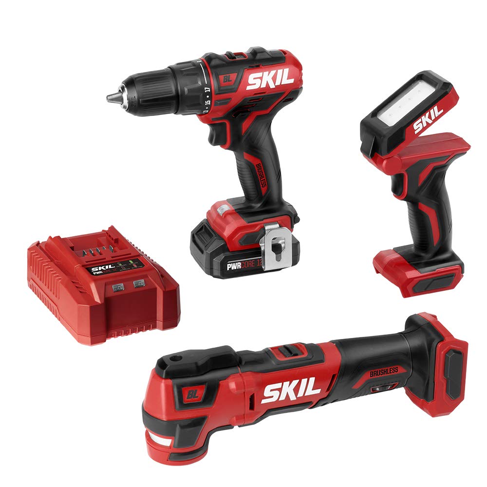 SKIL CB738701 3-Tool Combo Kit - Brushless 12V Cordless Drill Driver (1/2 Inch), Oscillating Multi-Tool & Work Light with 2.0Ah Lithium Battery & Charger - Perfect for DIY Projects, Home Repairs & Professional Construction Work