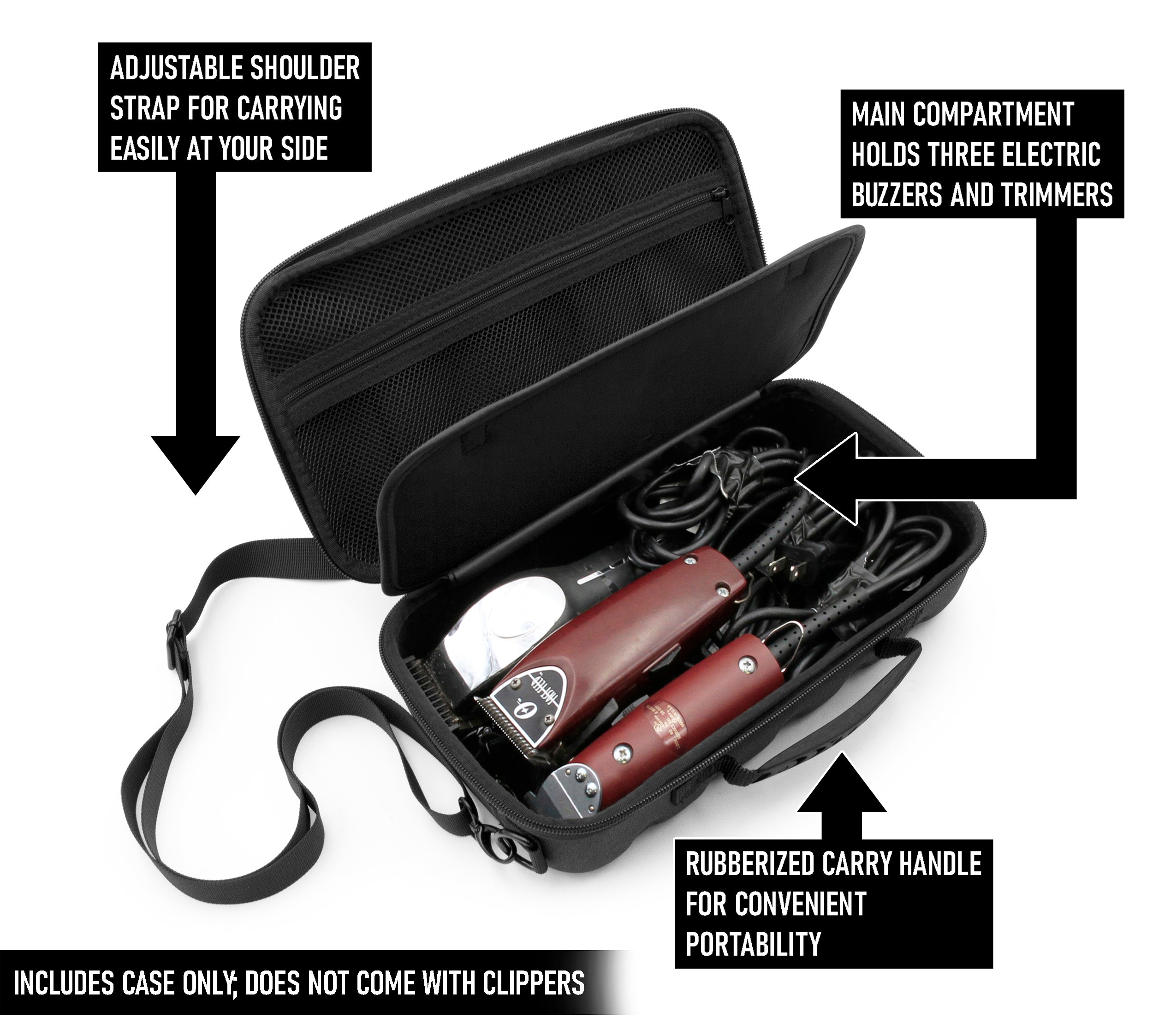 CASEMATIX Professional Hair Clipper Case - Holds 3 Electric Clippers, Trimmers & Hair Buzzers with T-Finishers - Durable Storage Organizer for Barbers & Stylists - Perfect for Salon, Home or Travel Use