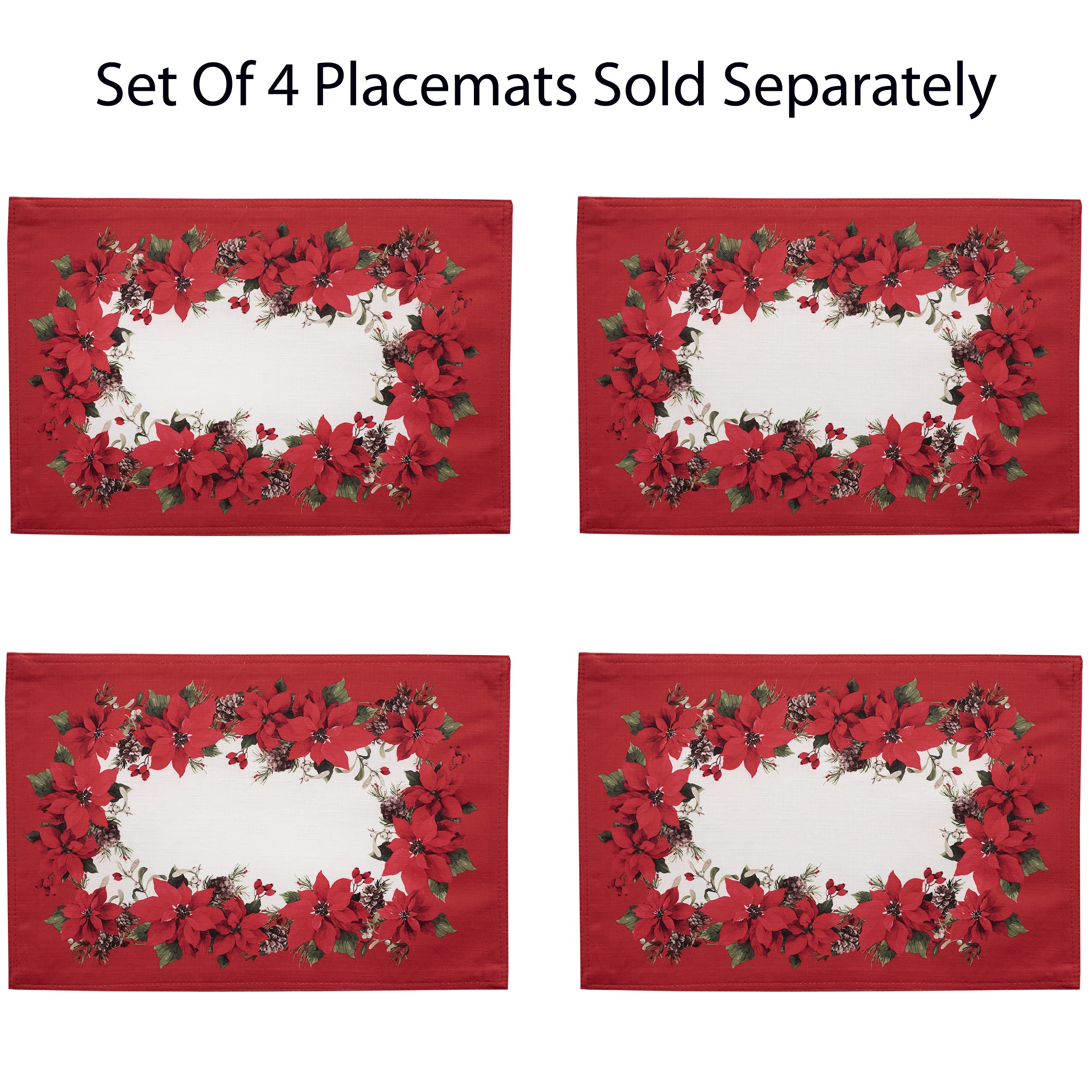 Newbridge Christmas Blooming Poinsettia Double Bordered Set of 4 Fabric Placemats - Holiday Red & White Poinsettia Dining Table Mats for Festive Decorations & Holiday Dinner Parties