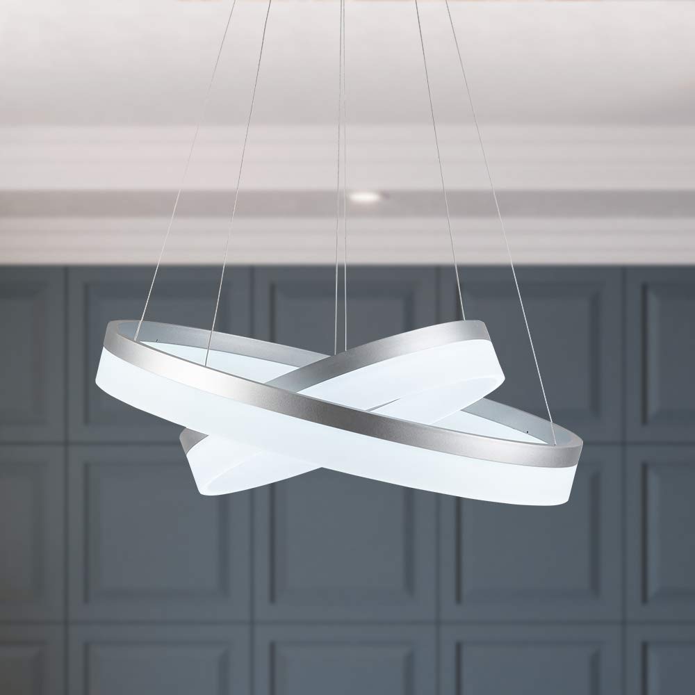 Modern LED Silver Chandelier - 2 Ring Dimmable Pendant Light Fixture, 6000K Cool White for Living Room, Bedroom, Kitchen Island, Restaurant & Dining Room | Elegant Lighting for Home Decor & Commercial Spaces