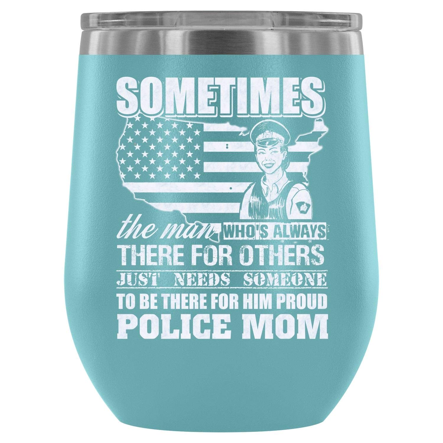 Stainless Steel Vacuum Insulated Wine Tumbler with Lid - 12Oz Light Blue Police Mom Tumbler | American Flag Design | Perfect for Wine Lovers, Outdoor Picnics & Proud Police Family Gifts