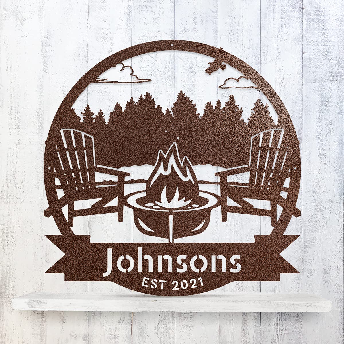 RealSteel Forest Campfire Monogram - Custom Metal Wall Art & Personalized Home Decor for Outdoor Spaces - Perfect for Backyards, Deer Hunting Cabins, Campgrounds & Fire Pit Areas - Rustic Cabin Decor & Unique Gift Idea