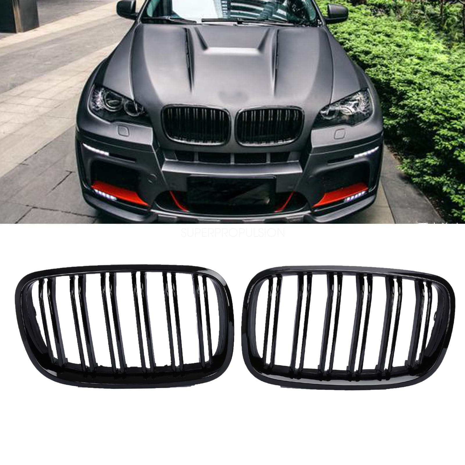 2008-2013 BMW X5 X6 E70 E71 Replacement Kidney Grille - Gloss Black Double Spoke Design (Pair) - Upgrade Your Car's Front Grille for Enhanced Style & Performance