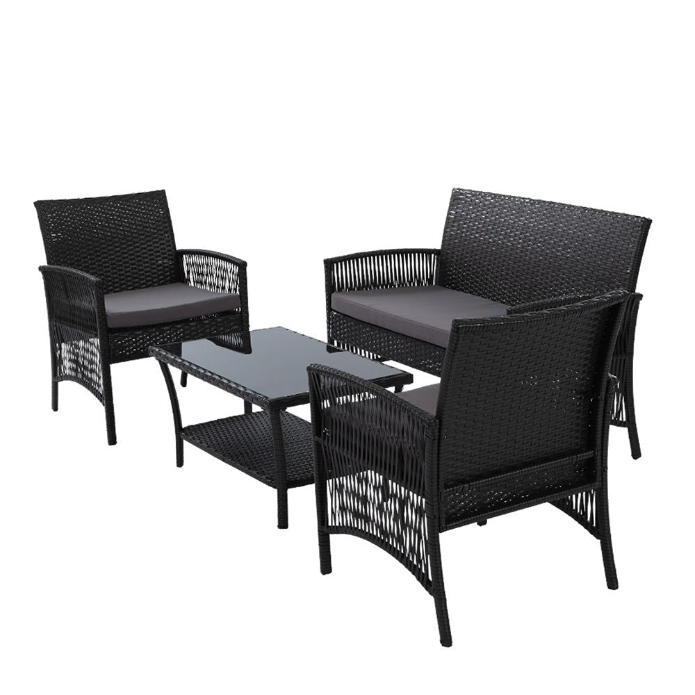 Gardeon 4-Piece Outdoor Patio Furniture Set - All-Weather Wicker Lounge & Dining Chairs with Table - Black Rattan Sofa Set for Garden, Poolside, Backyard & Balcony