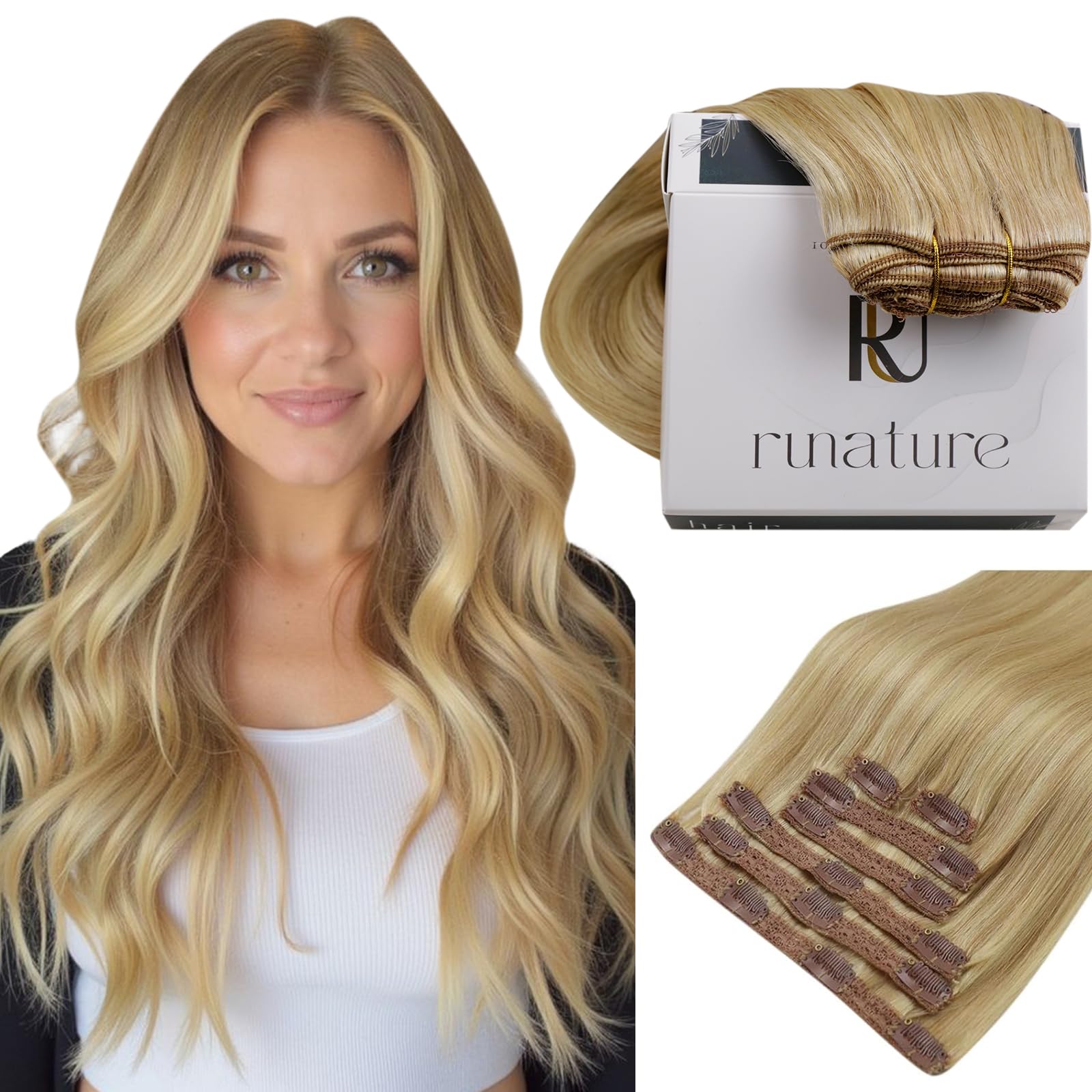 RUNATURE 18 Inch Clip in Human Hair Extensions - 120g Thick Remy Human Hair, 7pcs Golden Blonde Straight Hair Weft for Full Head - Perfect for Daily Styling, Parties & Special Occasions