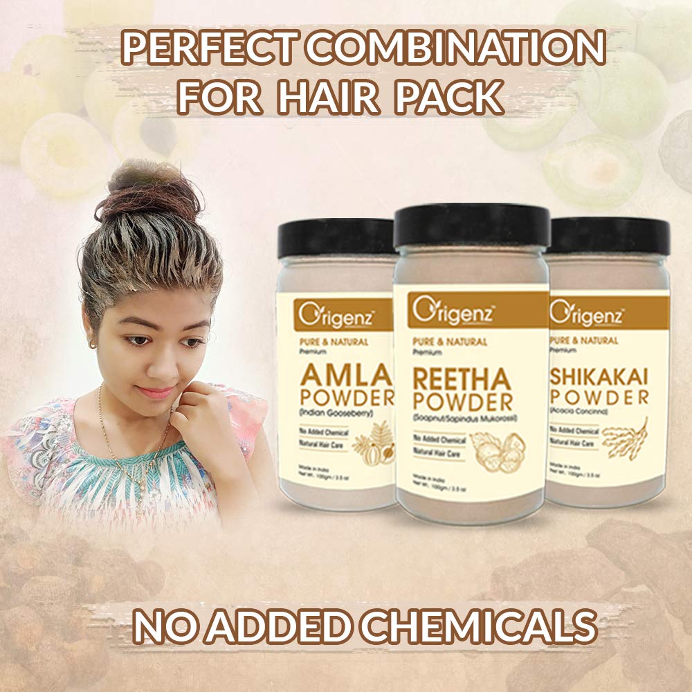 Origenz Reetha, Shikakai & Amla Powder Combo Pack - 300g Natural Hair Care for Healthy Scalp, Dandruff Control & Hair Growth | Ayurvedic Herbal Wash, Nourishing Mask with Indian Gooseberry | Perfect for Daily Hair Cleansing & Holistic Hair Treatment