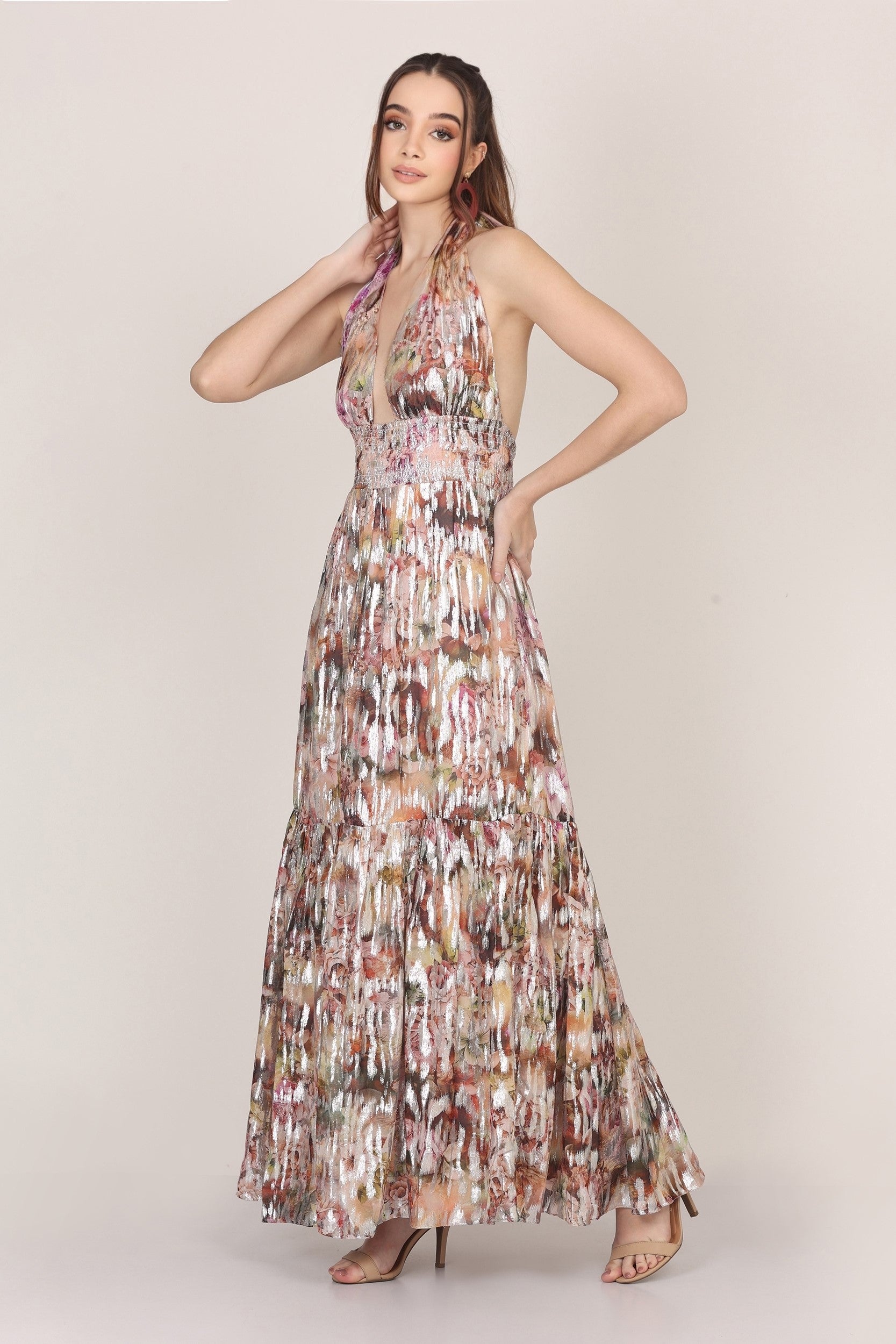 Elegant Noorex Metallic Printed Maxi Dress for Women - Stylish Party & Evening Wear - Perfect for Weddings, Cocktails & Special Occasions
