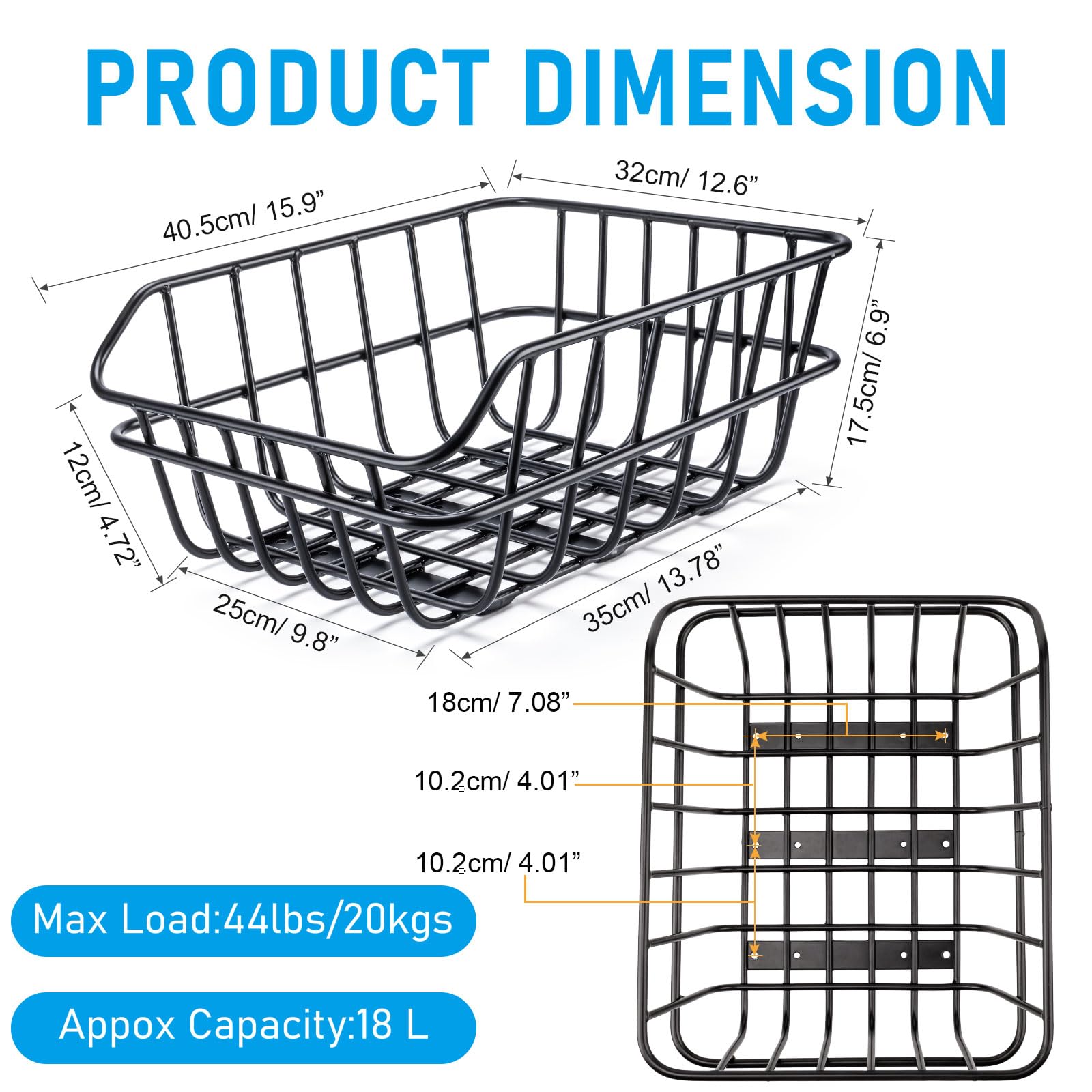 CXWXC Rear Bike Basket - Large Capacity Aluminum Bicycle Rear Cargo Basket with Waterproof Cover & Cargo Net - Rear Mount Bike Basket for Commuting, Grocery Shopping & Outdoor Adventures