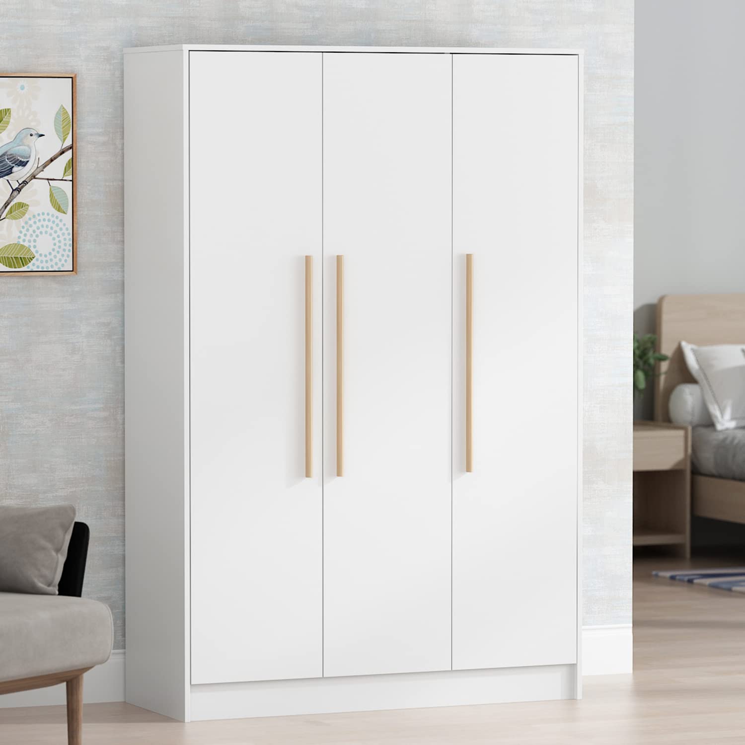 ECACAD Wooden Wardrobe Armoire with 4-Tier Shelves, 2 Hanging Rods & 3 Doors - White Closet Storage Cabinet for Bedroom (47.2”W x 18.9”D x 70.8”H) - Perfect for Organizing Clothes, Shoes & Accessories in Small Spaces