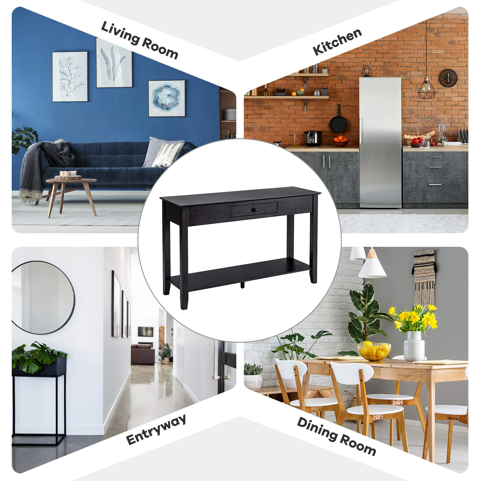 Giantex 2-Tier Wooden Console Table with Drawer & Storage Shelf - Entryway Sofa Table for Hallway, Living Room, Bedroom - Multifunctional Display Platform (Black) | Perfect for Small Space Organization & Home Decor