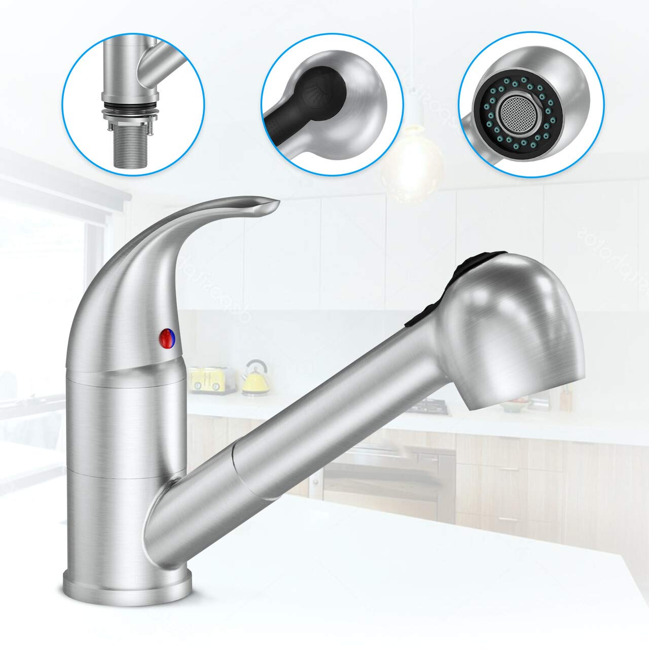 LEPO Single Handle Pull Out Kitchen Faucet - Brushed Nickel Stainless Steel Low Arch Design with Pull Down Sprayer - Perfect for RV, Bar, and Utility Sink Applications
