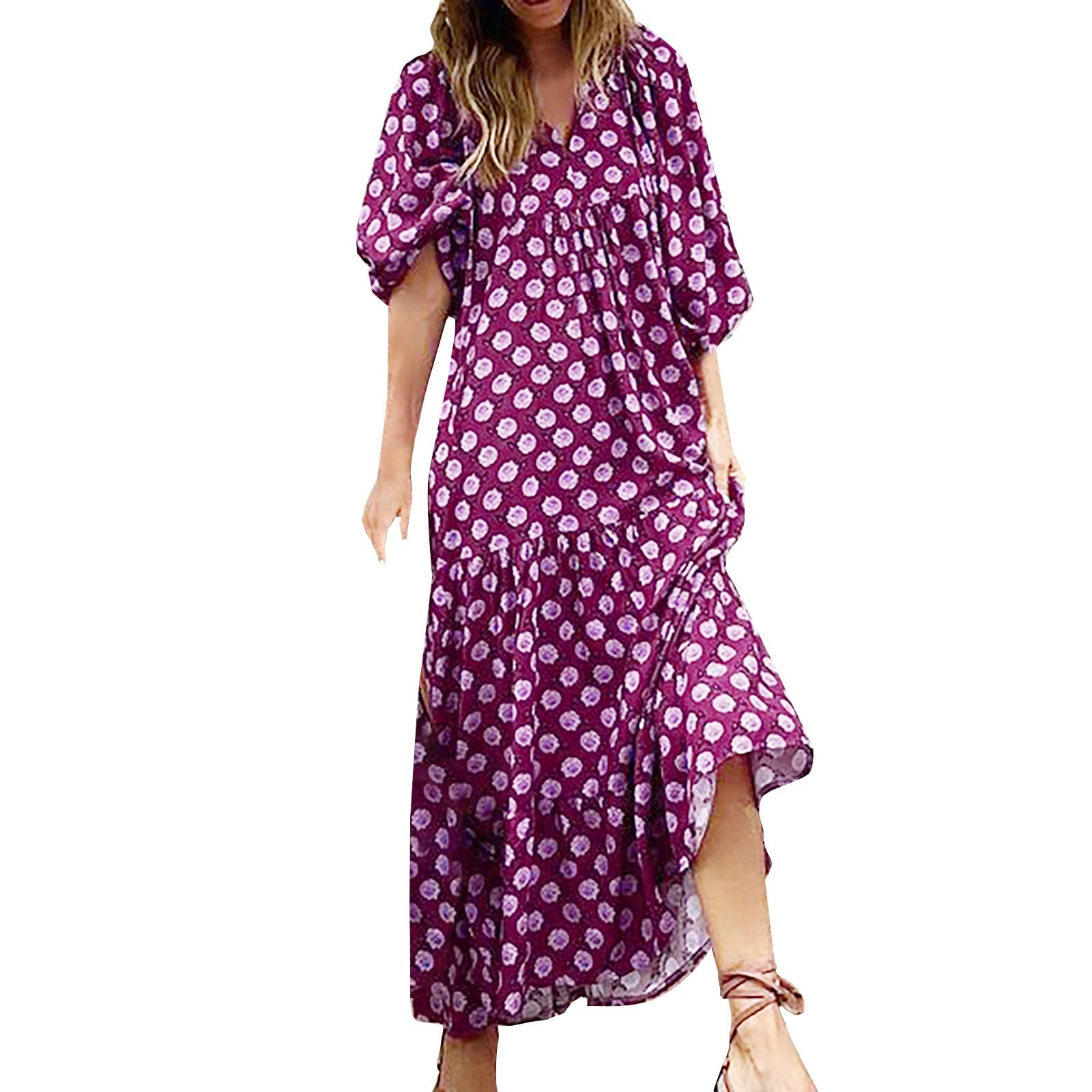 Boho Floral Print Plus Size Dress for Women - Lantern Sleeve Loose Babydoll Tiered Maxi Dress | Summer Beach Holiday, Vacation, Party & Casual Wear