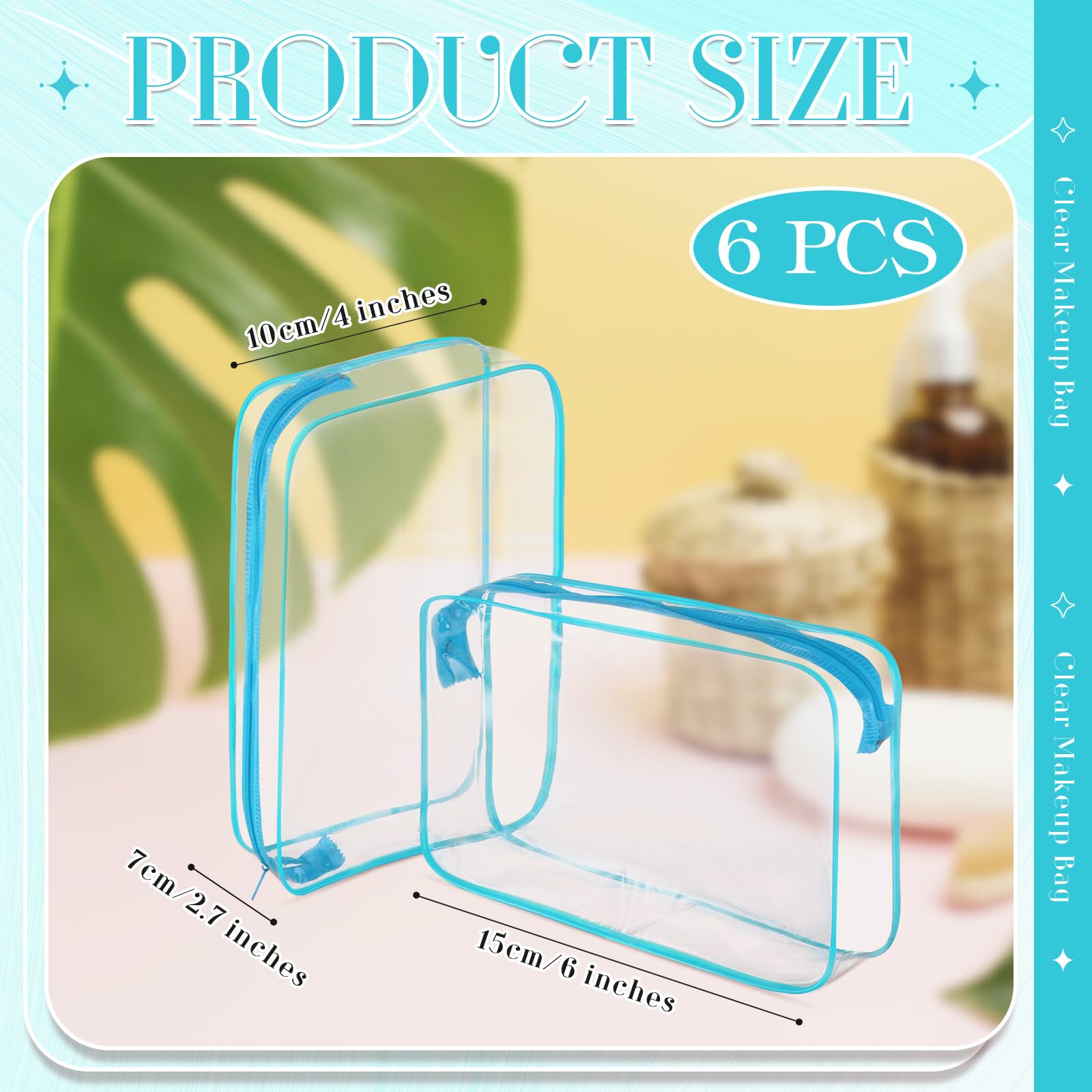 6 Pcs Clear PVC Waterproof Makeup Travel Bags with Zipper - Small Blue Cosmetic Organizer for Women & Men - Perfect for Airport Security, Gym, Toiletry & Daily Essentials Storage