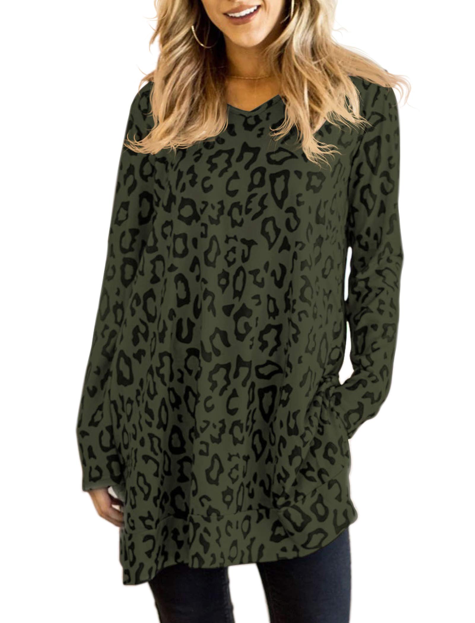 Maysoar Women's Leopard Print Tunic Top - Long Sleeve V-Neck Blouse for Casual Wear, Office Outfits & Fall Fashion