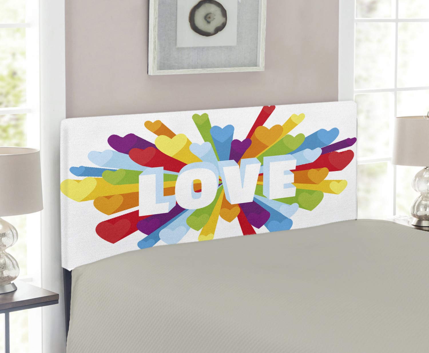 Ambesonne Pride Headboard - Colorful Hearts & LGBT Love Theme Upholstered Metal Bed Frame with Memory Foam, Twin Size Multicolor - Perfect for LGBTQ+ Bedroom Decor & Romantic Master Suites