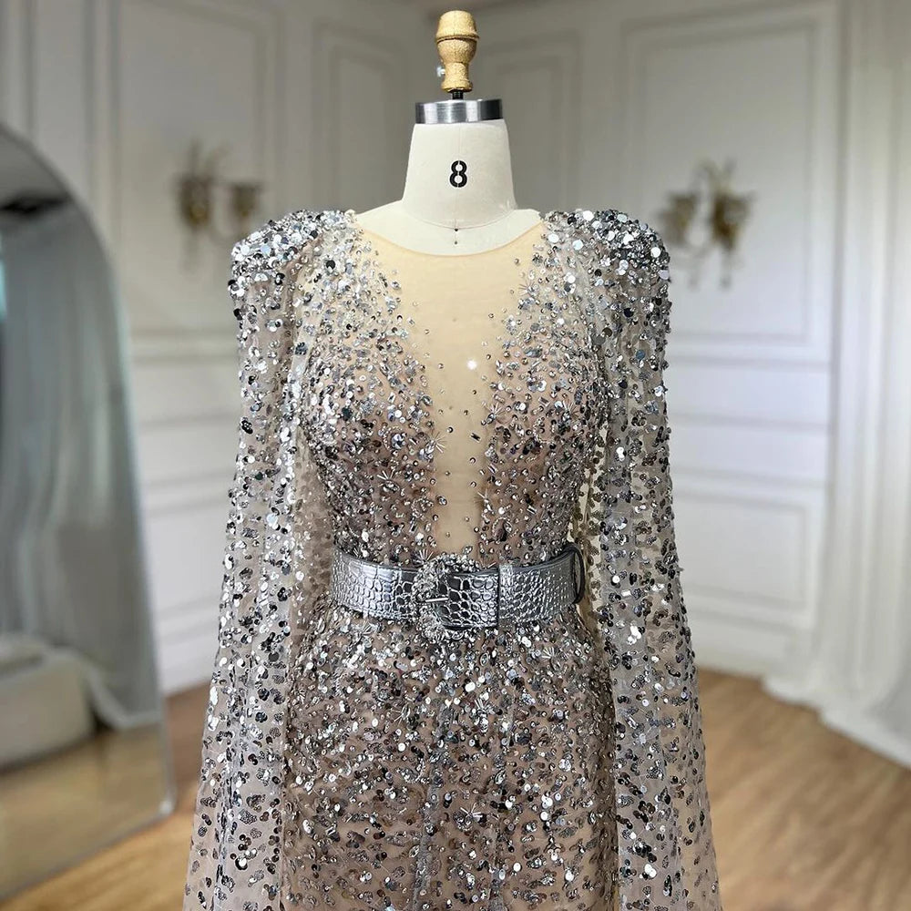 Serene Hill Nude Mermaid Evening Gown with Luxury Cape Sleeves - Beaded Elegant Backless Dress for Women's Party 2025 LA71561 | Perfect for Prom, Gala, Red Carpet & Formal Events