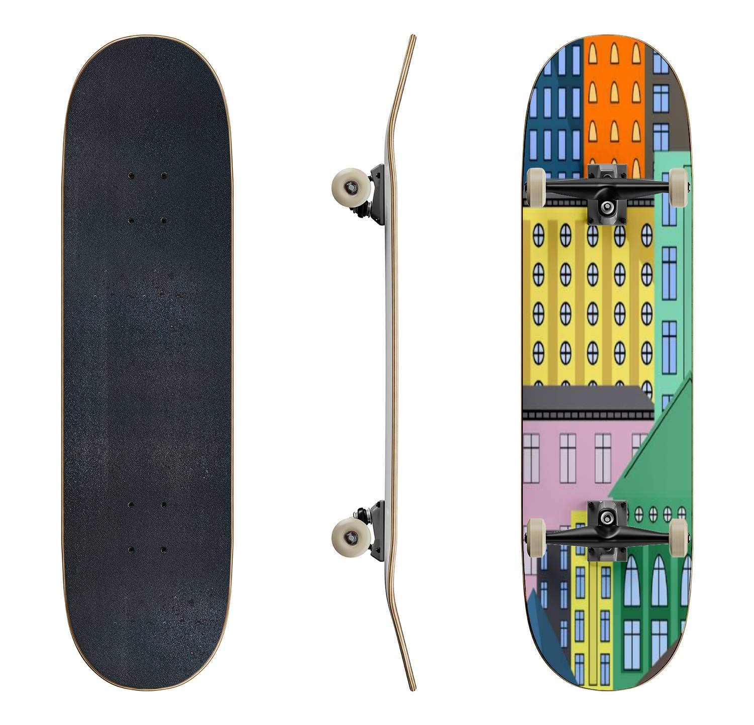 EFTOWEL Skateboards - Colorful Seamless House Pattern Classic Concave Longboard for Beginners & Pros | Durable Extreme Sports Skateboard for Street, Park & Commuting | Cool Teen Gift Idea