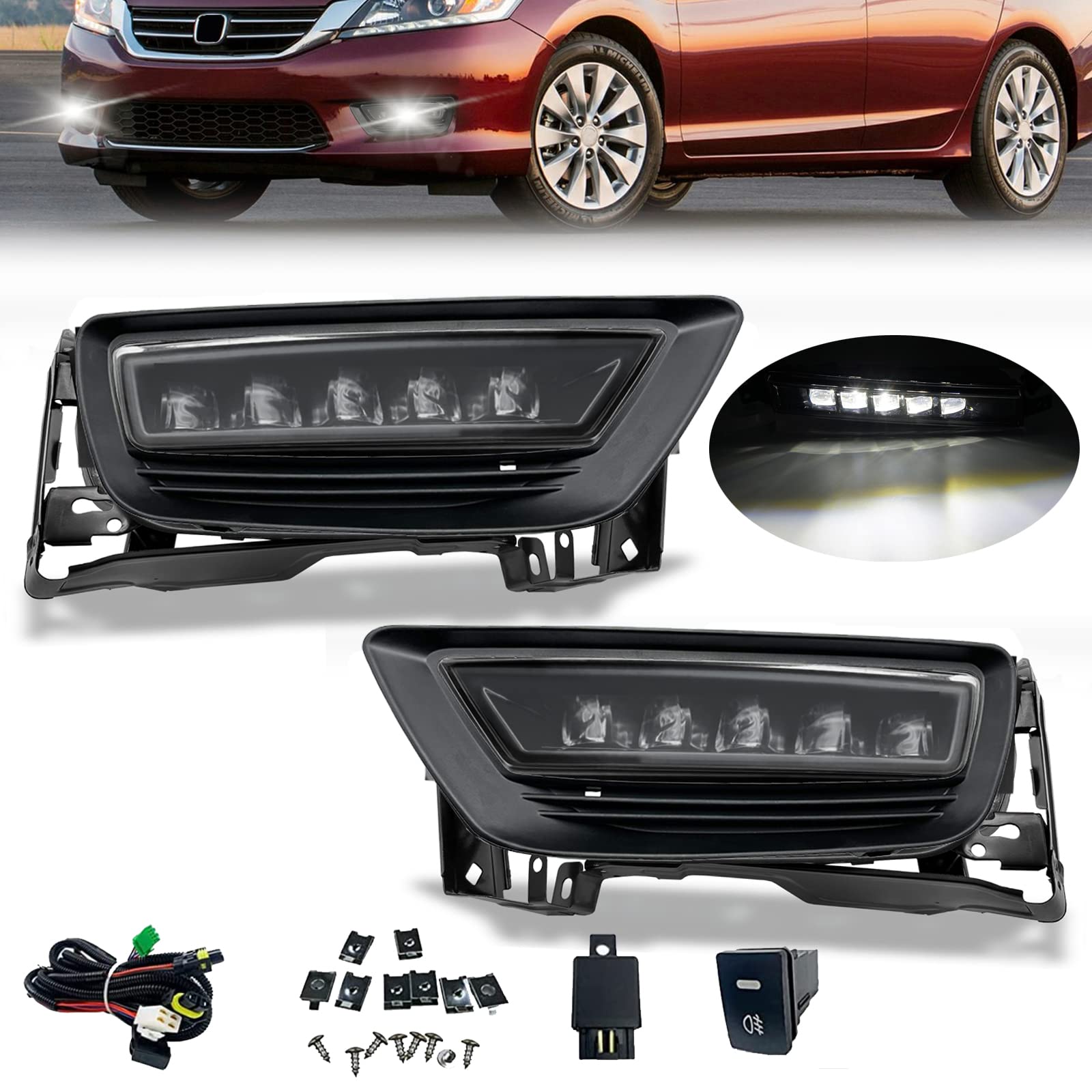 LED Fog Lights for 2013-2015 Honda Accord 4DR Sedan - 1 Pair Front Bumper Driving Lights with Switch (Clear Lens) | Durable & Bright Fog Lamps for Night Driving and Bad Weather Conditions