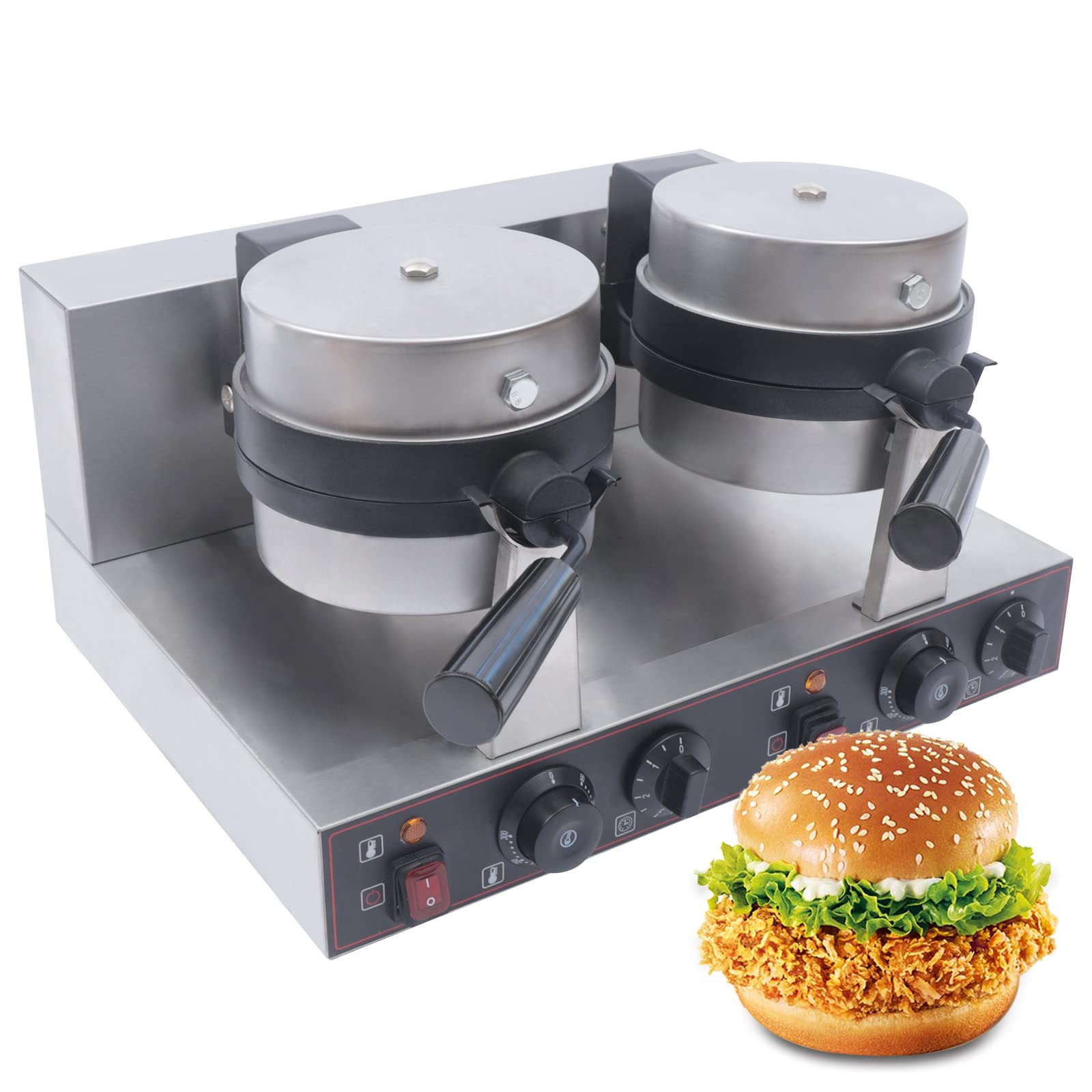 Commercial Electric Double Head Waffle Maker & Panini Press - 2400W Stainless Steel Non-Stick Ice Cream Cone & Burger Baker Machine for Home & Restaurant Use - Perfect for Waffles, Paninis, Burgers & Desserts