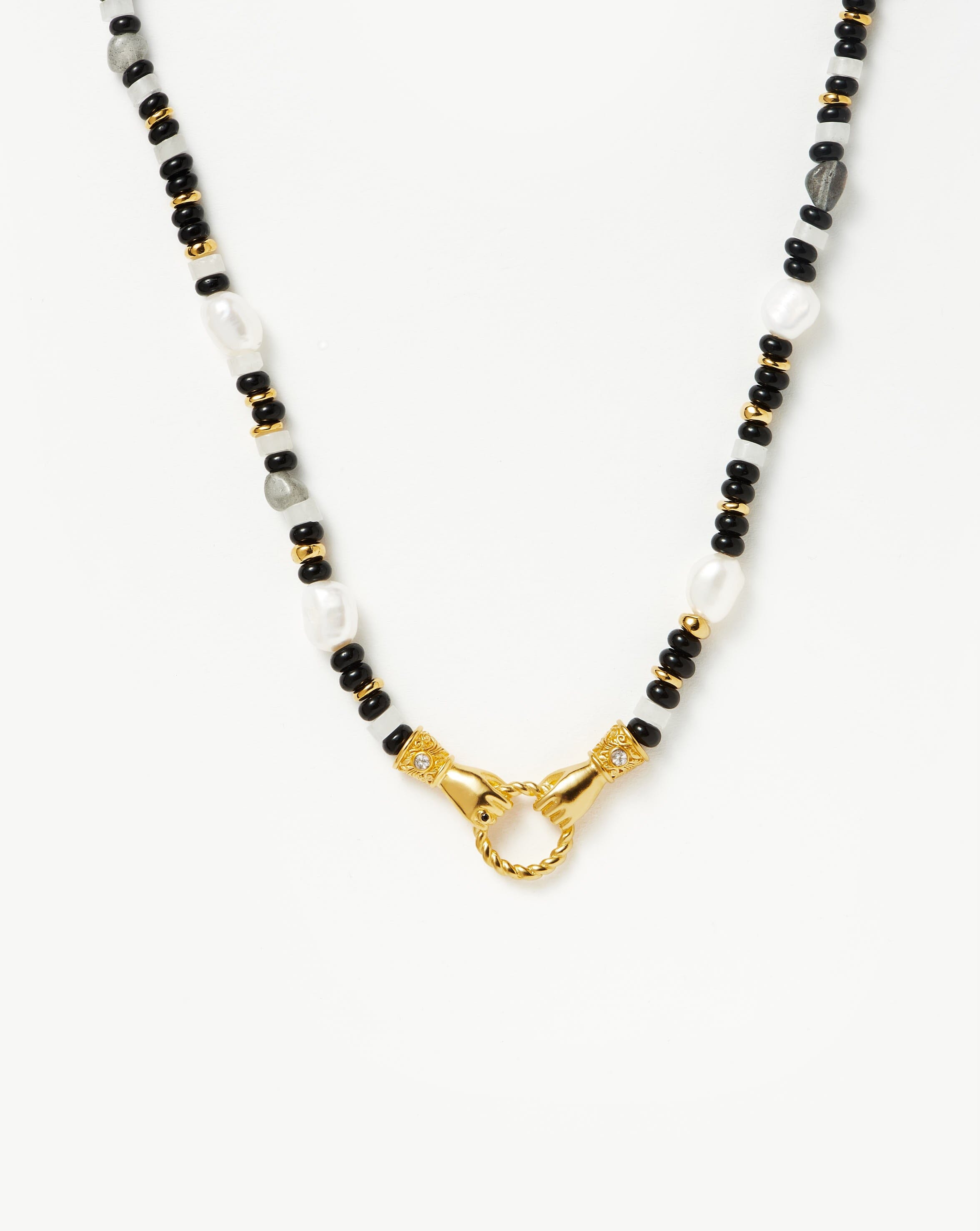Harris Reed In Good Hands Beaded Gemstone Necklace - 18k Gold Plated Black Chalcedony & Pearl Jewelry for Women | Elegant Layering Necklace for Date Night, Wedding & Special Occasions