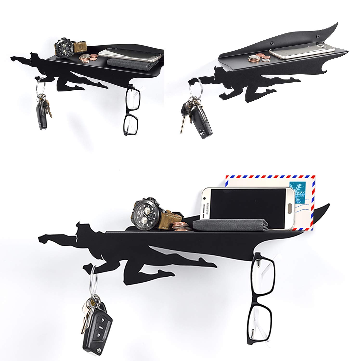 Black Metal Wall Mounted Mail Organizer & Key Holder - Entryway Shelf for Home Organization - Living Room Storage Rack with Hooks for Keys, Letters & Small Items - Perfect for Entryway Decor & Housewarming Gifts