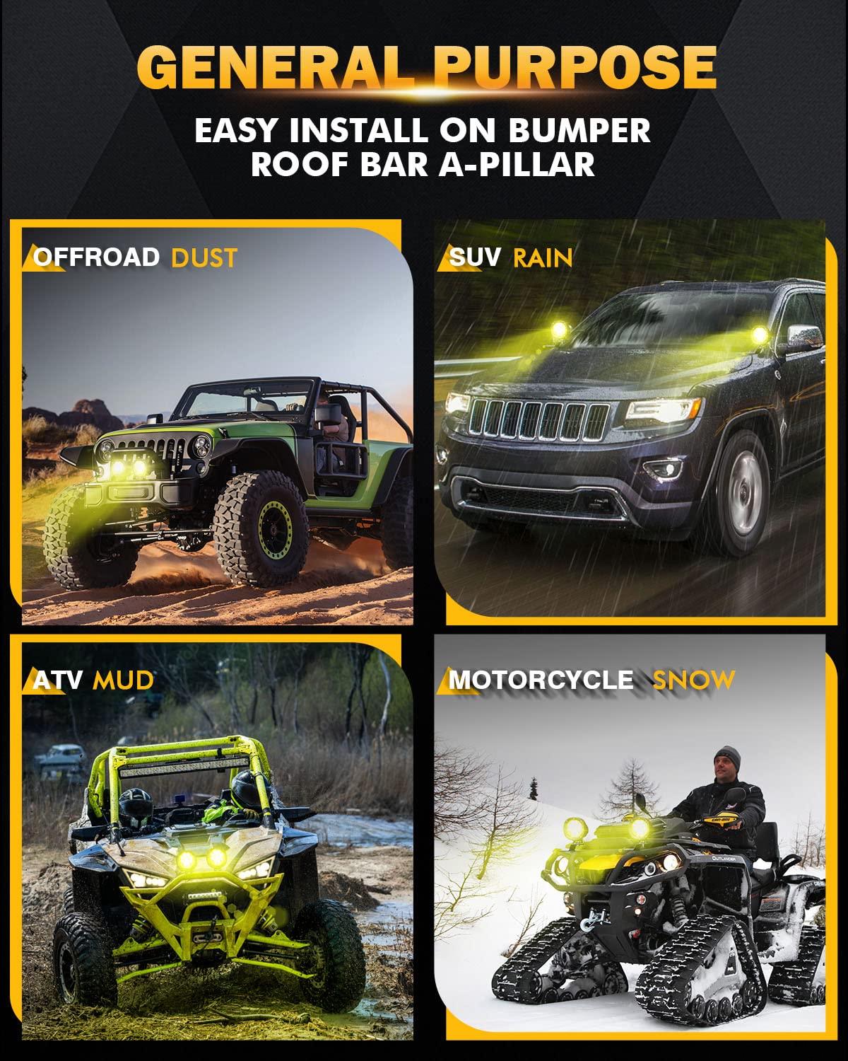 Auxbeam 4 Inch 90W Amber LED Fog Lights - 9000LM Yellow Flood Lights, Round Offroad LED Pods for Trucks, ATV, Motorcycle, Boat & Jeep - Perfect for Night Driving, Off-Road Adventures & Foggy Conditions