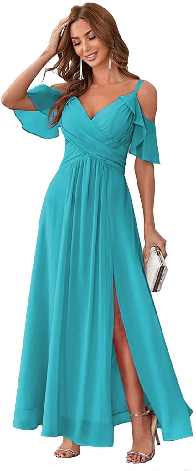 Elegant Long Chiffon Bridesmaid Dresses with Ruffles & High Slit - Formal Evening Gowns for Wedding Guests & Bridal Party - Perfect for Weddings, Galas & Special Occasions