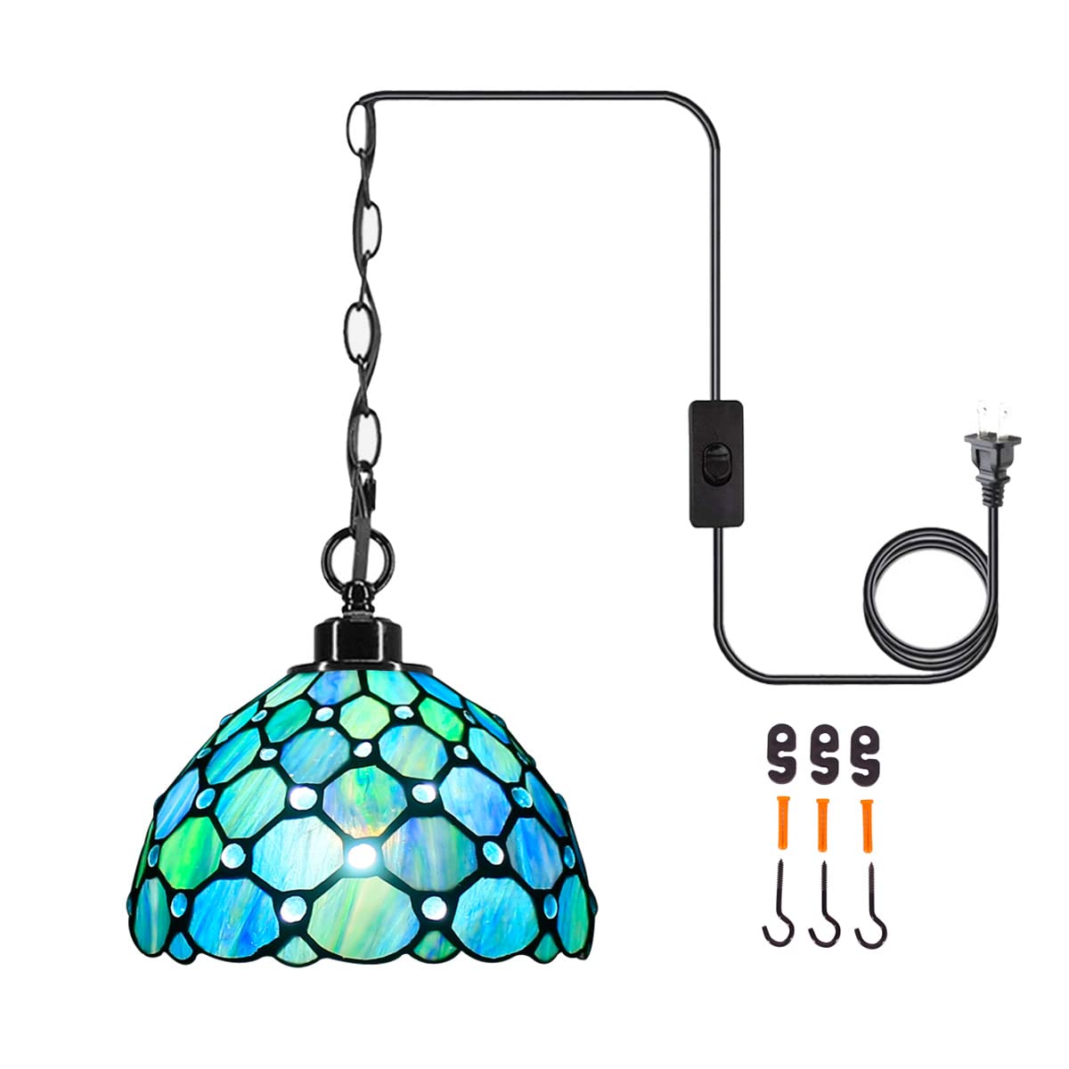 Tiffany Style Plug-in Swag Pendant Light - 8x8x18 Inch Stained Glass Hanging Lamp in Sea Blue Pearl | Perfect for Dining Room, Living Room, Bedroom & Kitchen Decor