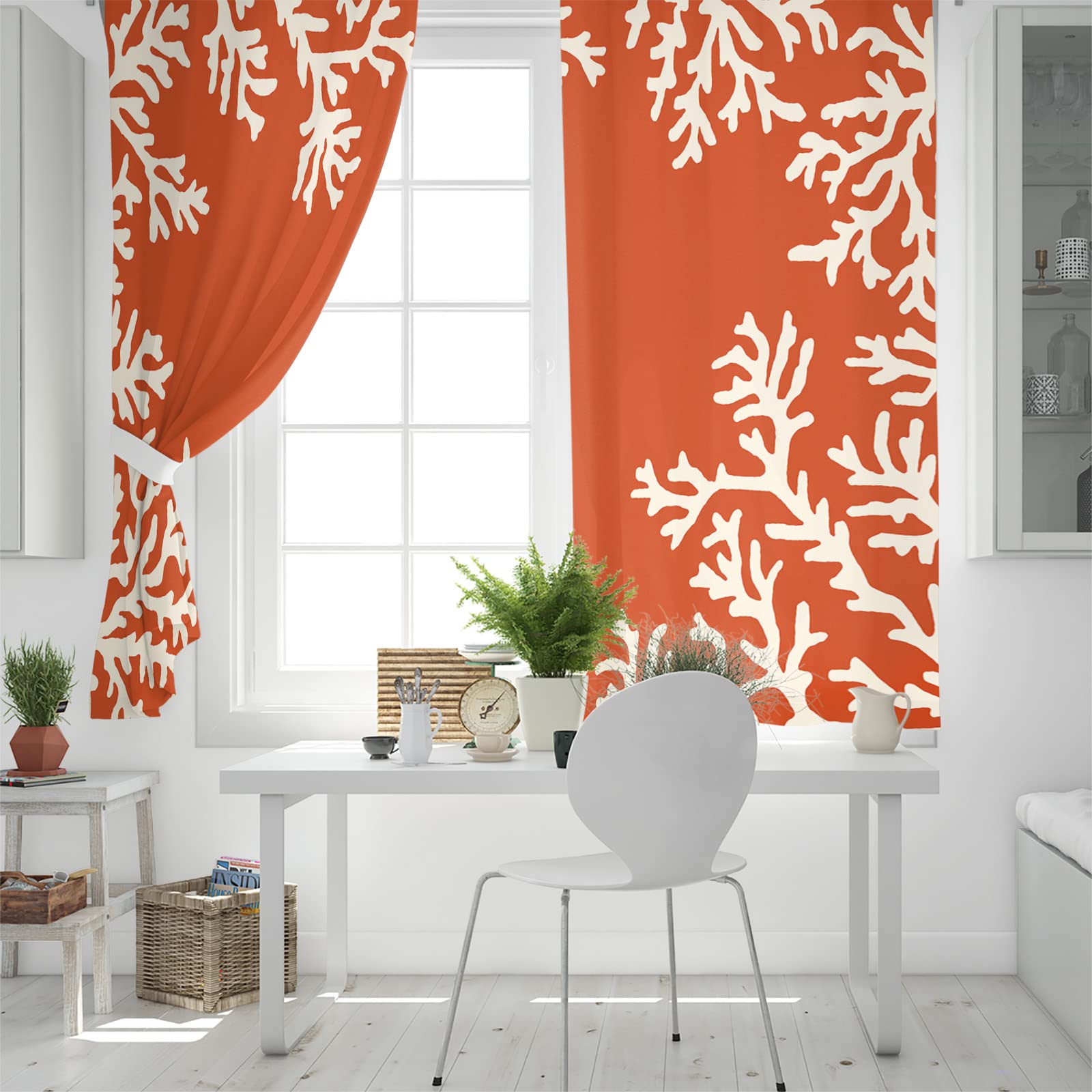 Premium Coral Print Blackout Curtains - Thermal Insulated Room Darkening Window Drapes with White Coral & Orange Design for Living Room & Bedroom (52x96 Inches, 2 Panels) - Perfect for Coastal Decor, Sun Protection & Energy Efficiency