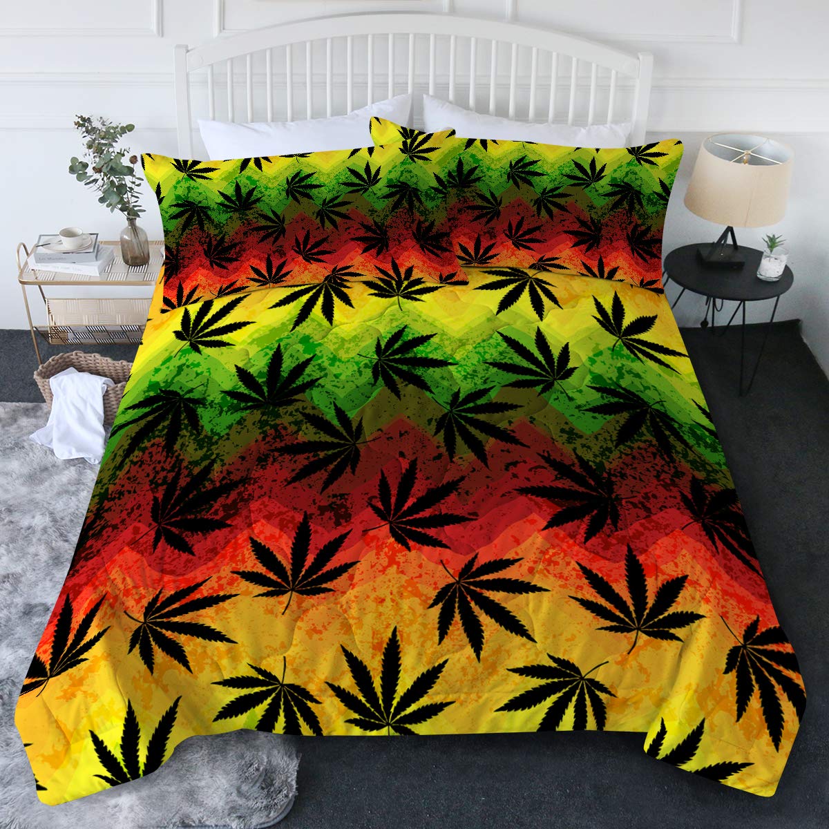 BlessLiving 3-Piece Rainbow Chevron Cannabis Leaf Comforter Set - Full/Queen Size Black Hemp Bedding, Lightweight Quilt & Modern Stylish Plant-Themed Bedspread | Perfect for Bohemian Bedrooms, Dorm Decor & Stoner Aesthetic