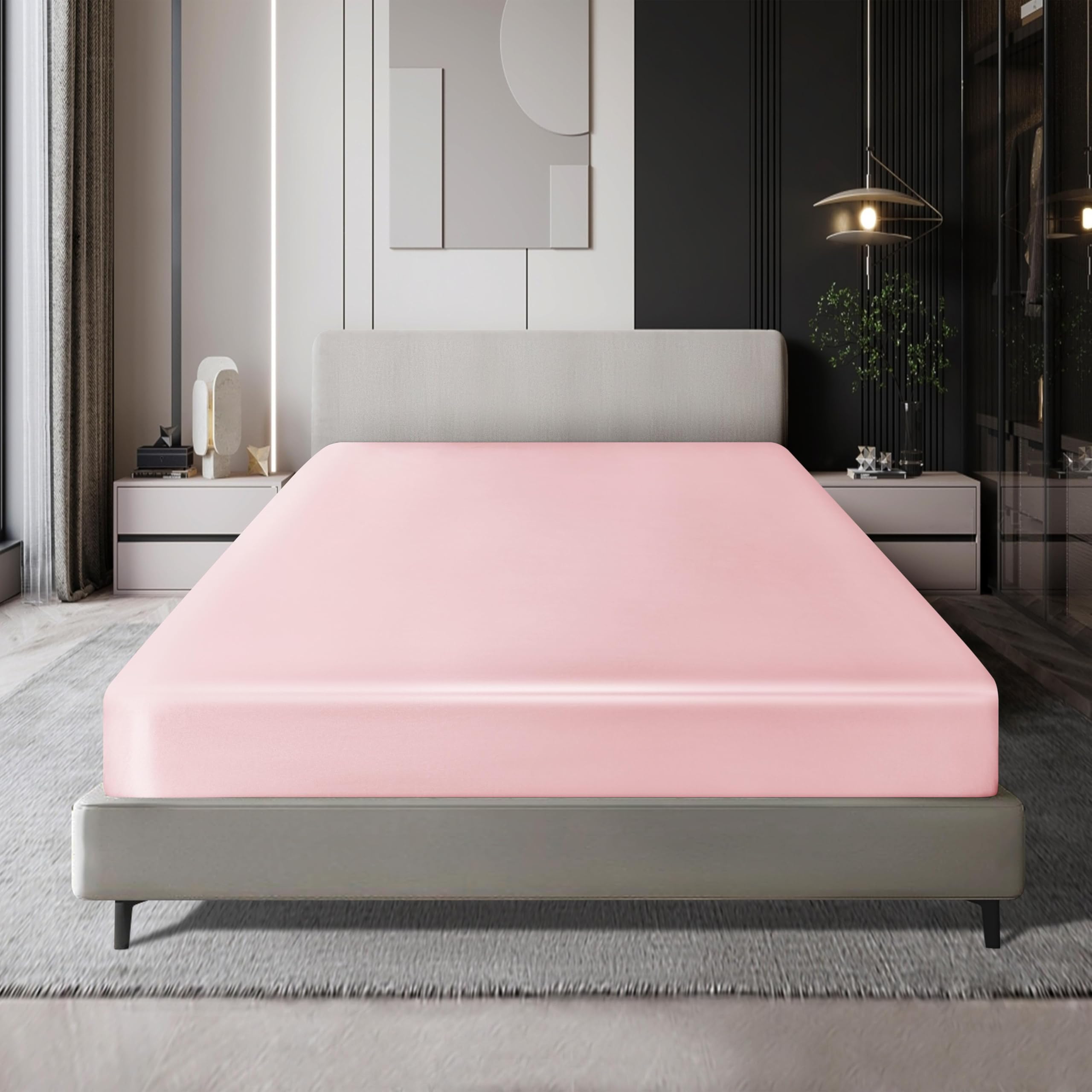 MILVOWOC Twin Satin Fitted Sheet - Ultra Soft Light Pink Bed Sheet with Deep Pockets, 1 Piece Fitted Sheet Only for Cozy Sleep & Luxury Bedroom Decor