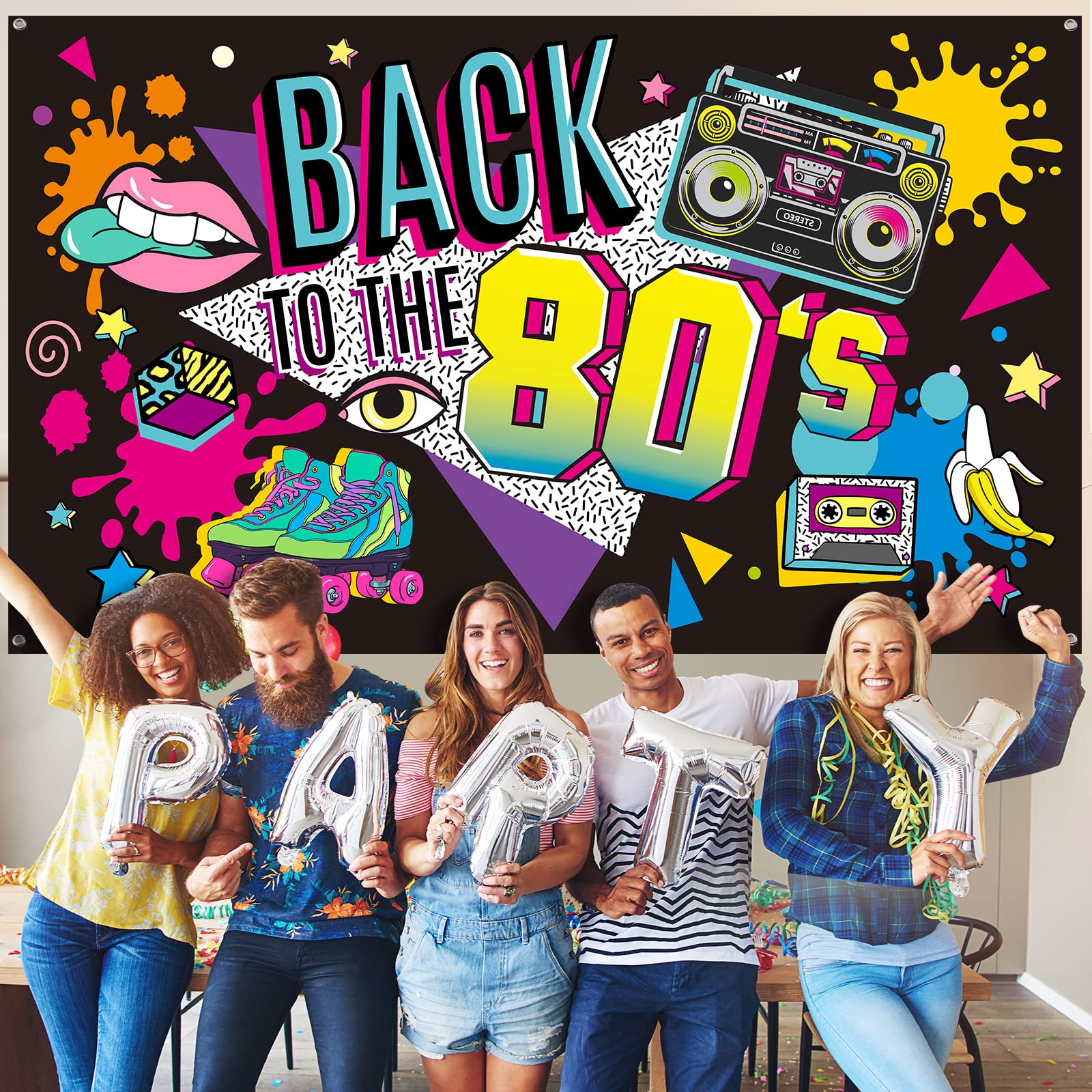 80's Party Banner Backdrop - 73x43 Inch Retro Photo Background for Events & Photography