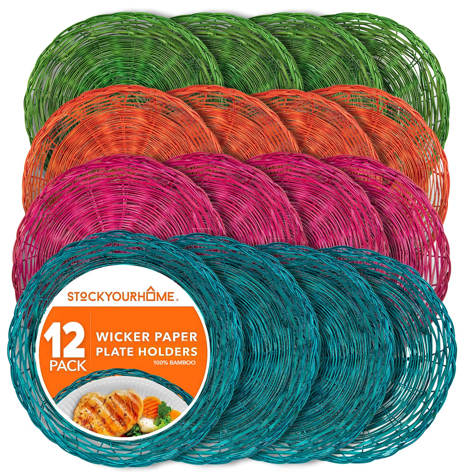 Stock Your Home 10-Inch Bamboo Paper Plate Holder (12 Pack) - Heavy Duty Wicker Plate Stand for Parties, Picnics & BBQs - Reusable Eco-Friendly Multicolor Plate Rack for Dining & Entertaining
