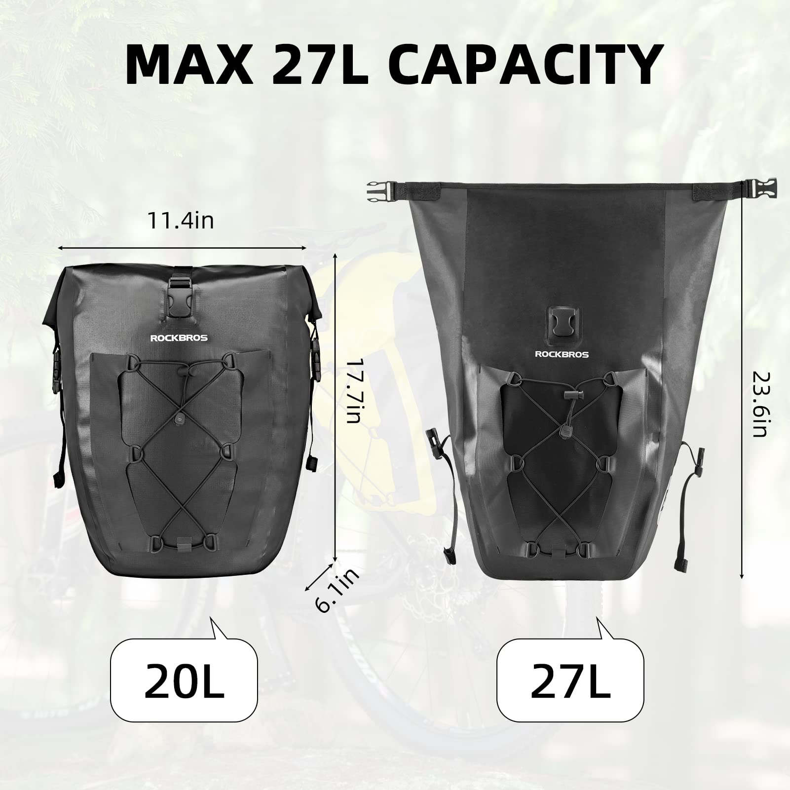 ROCKBROS Waterproof Bike Pannier Bag - 27L Large Capacity Rear Rack Bicycle Bag for Grocery Shopping, Touring & Cycling - Black (1 Pack) - Perfect for Commuting, Outdoor Adventures & Daily Errands