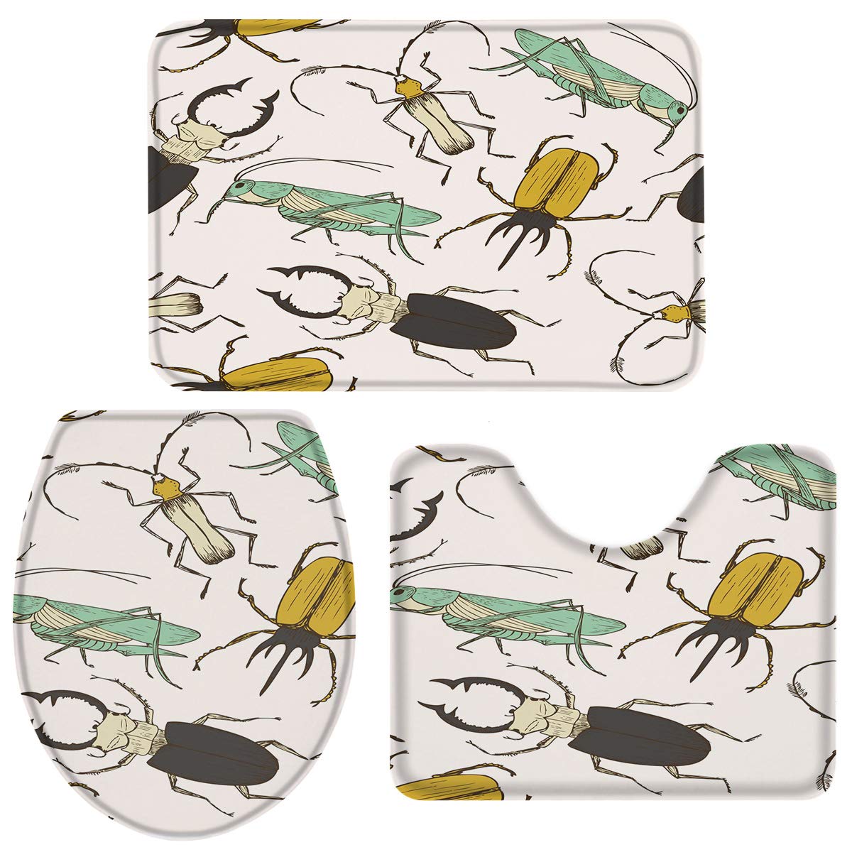 Queenker 3-Piece Bathroom Rug Set - Non-Slip Toilet Seat Cover, Contour Mat & Lid Cover with Insect Print - Soft Absorbent Cotton Bath Mat for Bathroom Floor - Perfect for Home, Apartment, and Guest Bathroom Decor