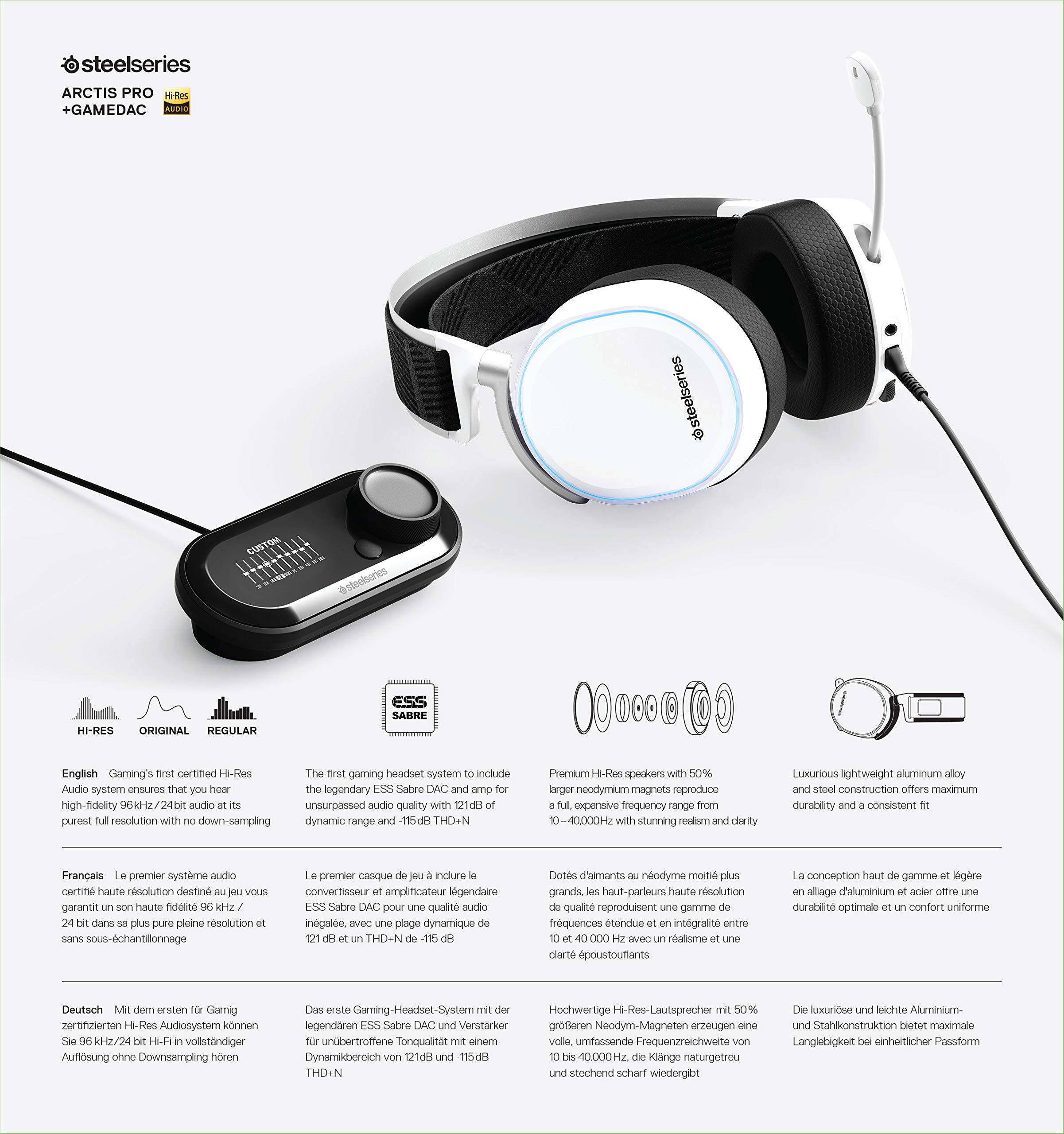 SteelSeries Arctis Pro + GameDAC Wired Gaming Headset with Hi-Res Audio - Premium DAC & Amp for PS5, PS4, PC - White - Perfect for Competitive Gaming & Immersive Audio Experience
