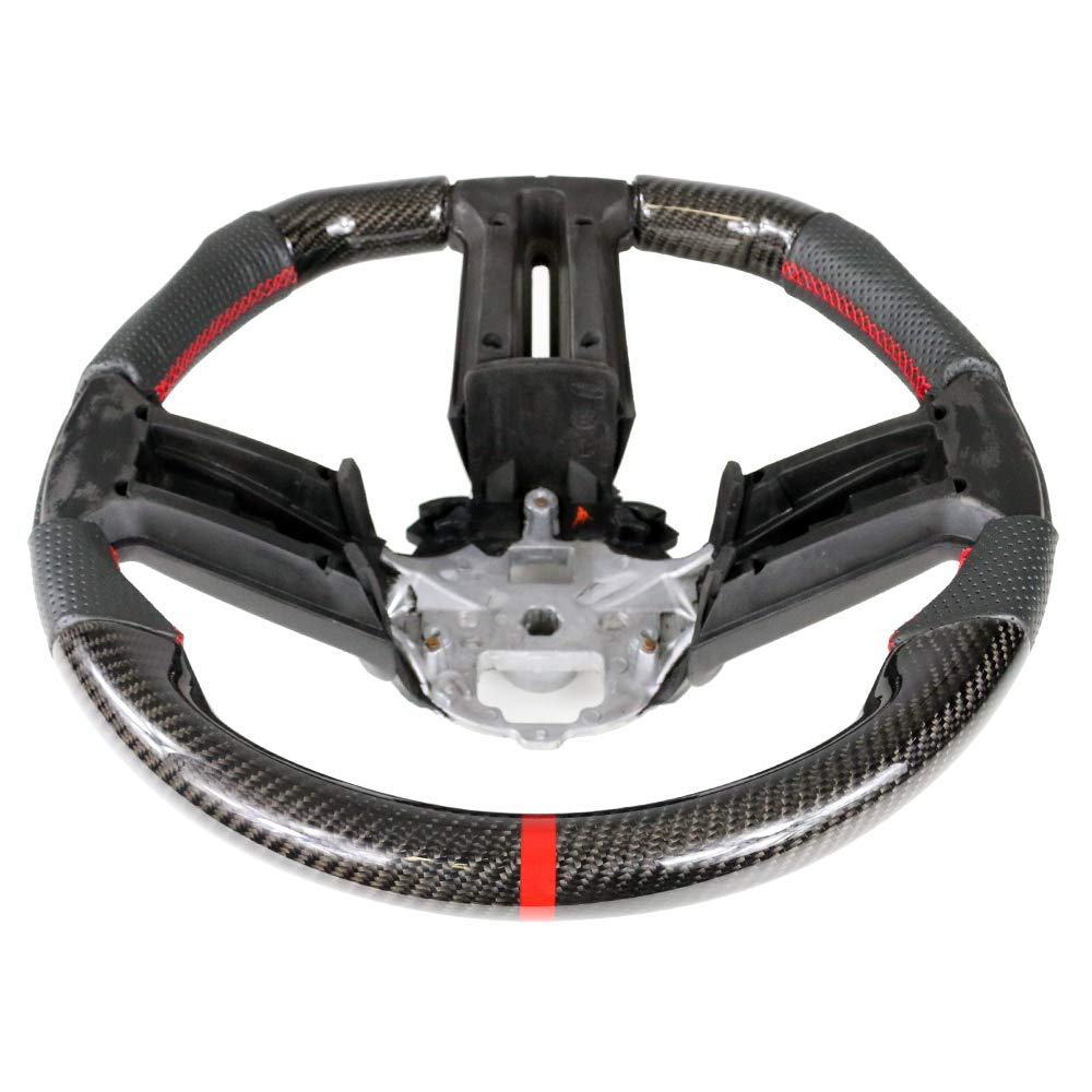 IKON MOTORSPORTS Black Carbon Fiber & Perforated Leather Steering Wheel with Red Stitching - Compatible with 2010-2014 Ford Mustang | Brushed Aluminum Trim | Perfect for Car Enthusiasts & Performance Upgrades