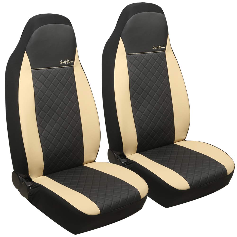 Giant Panda Front Car Seat Covers - Premium Leather High Back Bucket Seat Protectors for Cars, Trucks, SUVs, Jeep, Van & Pickup | Airbag Compatible (Black & Beige) | Perfect for Daily Commute, Road Trips & Off-Road Adventures