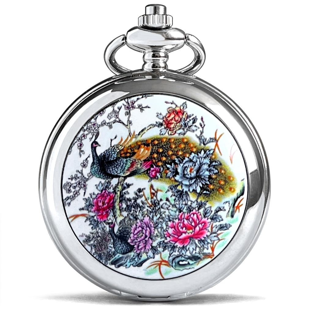 VIGOROSO Steampunk Silver Pocket Watch with Quartz Movement & Peony Bird Enamel Painting - Gift Box Included - Perfect for Vintage Collectors, Cosplay, and Unique Gifts