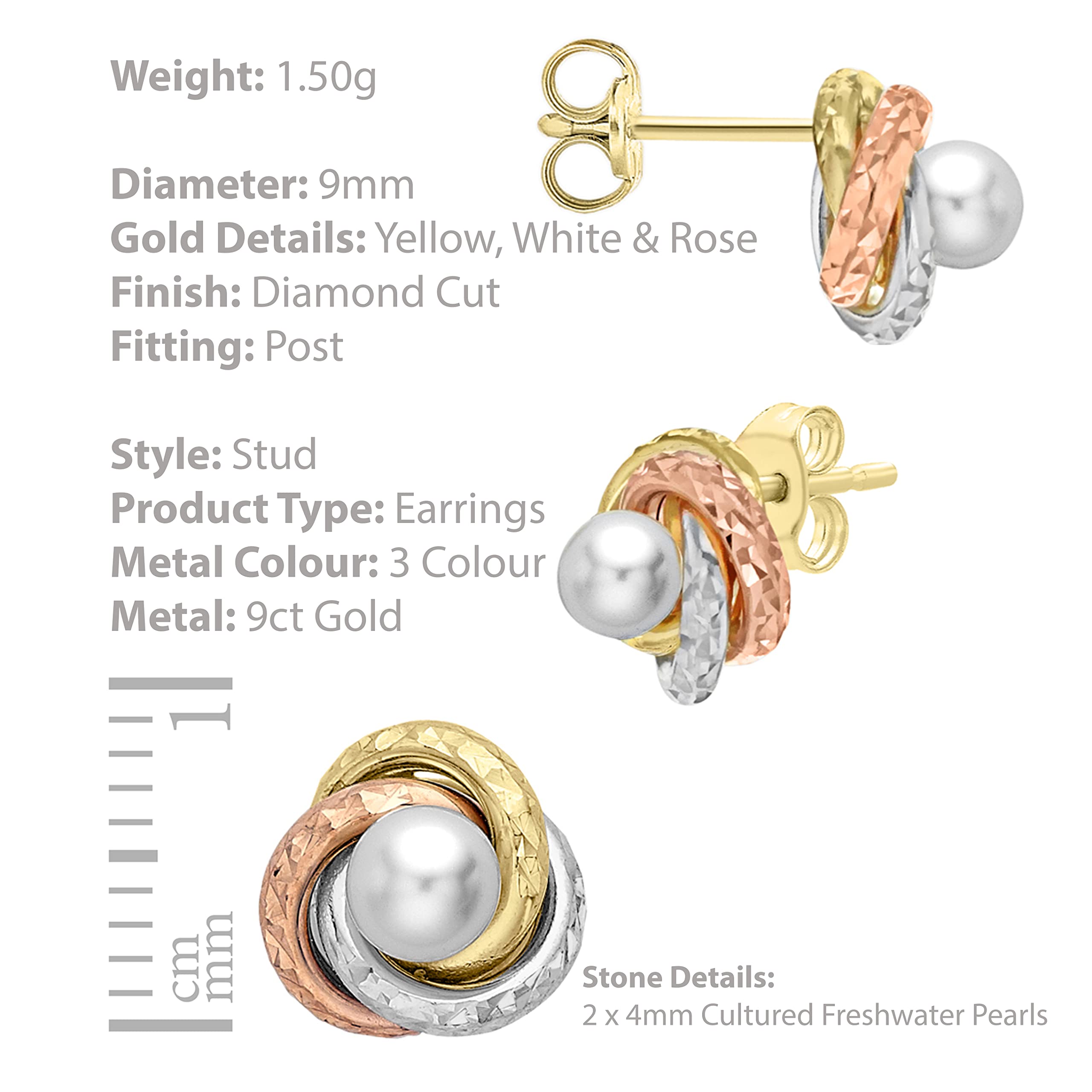 Carissima Gold 9ct Tri-Color 9mm Diamond Cut Knot & Pearl Stud Earrings for Women | Elegant Jewelry for Weddings, Parties & Special Occasions