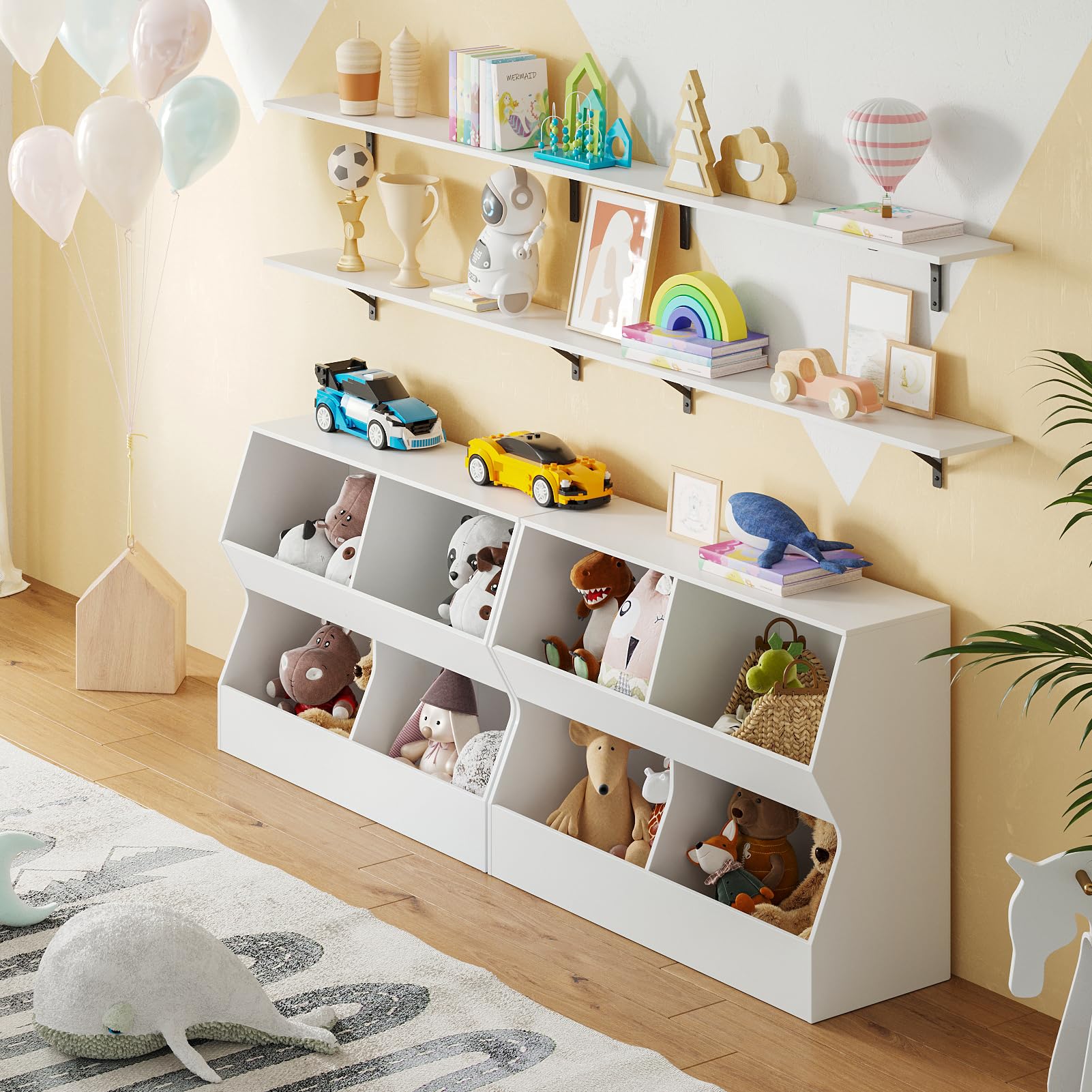 DINZI LVJ Kids Bookshelf & Toy Storage Organizer - 4 Cubby Wooden Bookcase for Children's Bedroom, Nursery, School - White 31.5